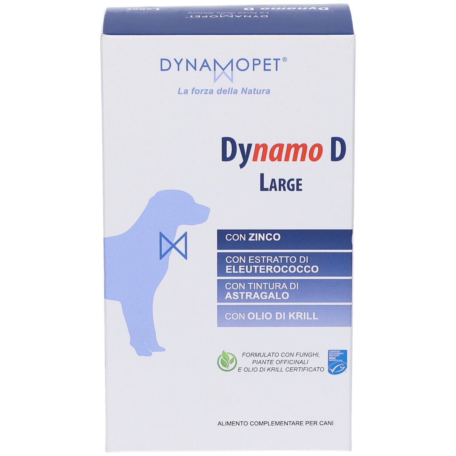 Confezione Dynamo D Large. Contiene zinco, estratto di eleuterococco, tintura di astragalo e olio di krill. Vista frontale.