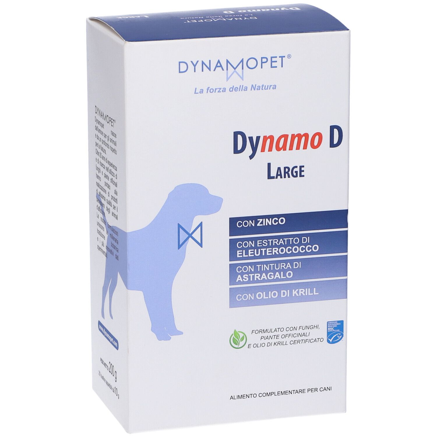 Confezione Dynamo D Large. Contiene zinco, estratto di eleuterococco, tintura di astragalo e olio di krill. Vista frontale.