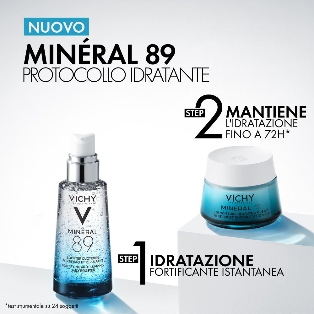 Vichy Minéral 89 Crema Booster Idratazione e flacone di siero, che mostrano i passaggi di idratazione.