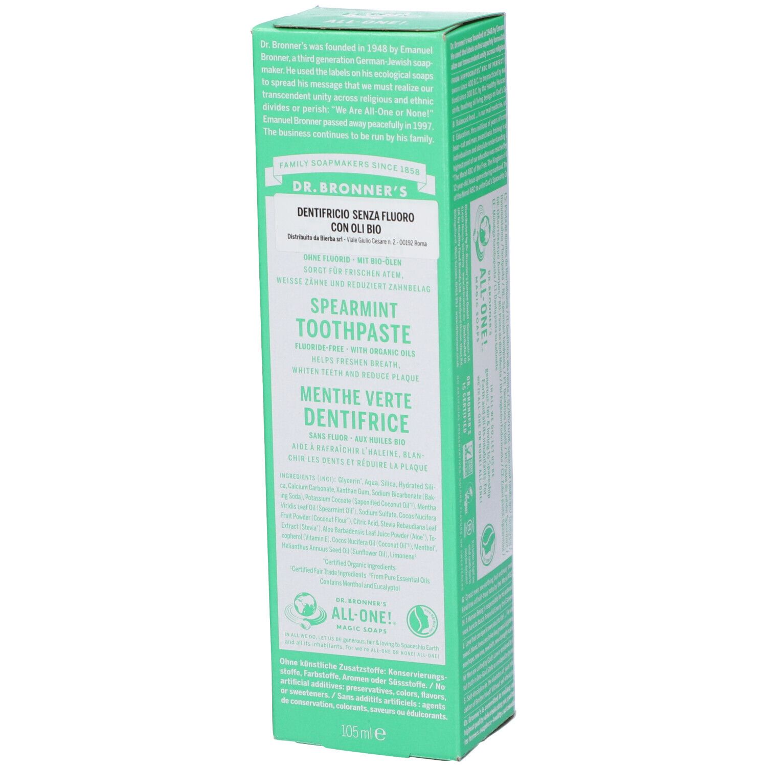 Scatola verde DR. BRONNER'S SPEARMINT dentifricio. Testo e logo 'ALL-ONE!'.