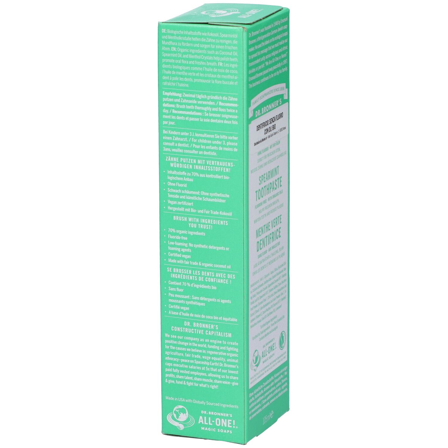 Scatola verde DR. BRONNER'S SPEARMINT dentifricio. Testo in tedesco, inglese e francese. 100ml.