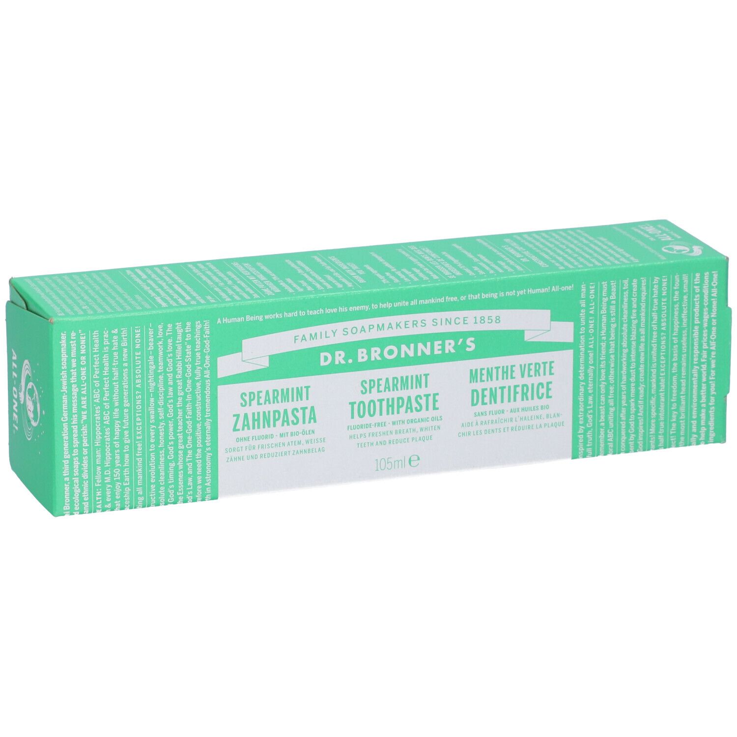 Scatola verde DR. BRONNER'S SPEARMINT dentifricio. Testo in tedesco, inglese e francese. 100ml.