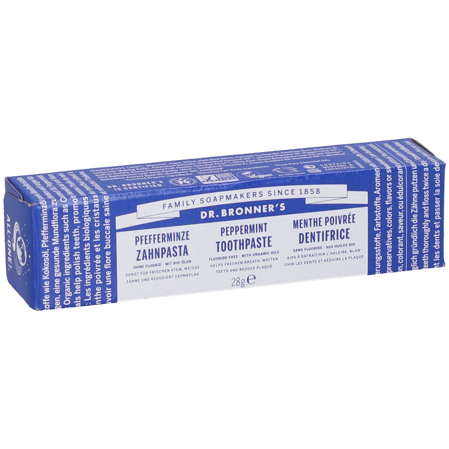 Scatola blu e bianca di dentifricio DR. BRONNER'S. Scritto: Pfefferminz, Peppermint, Menthe poivrée. 28g.