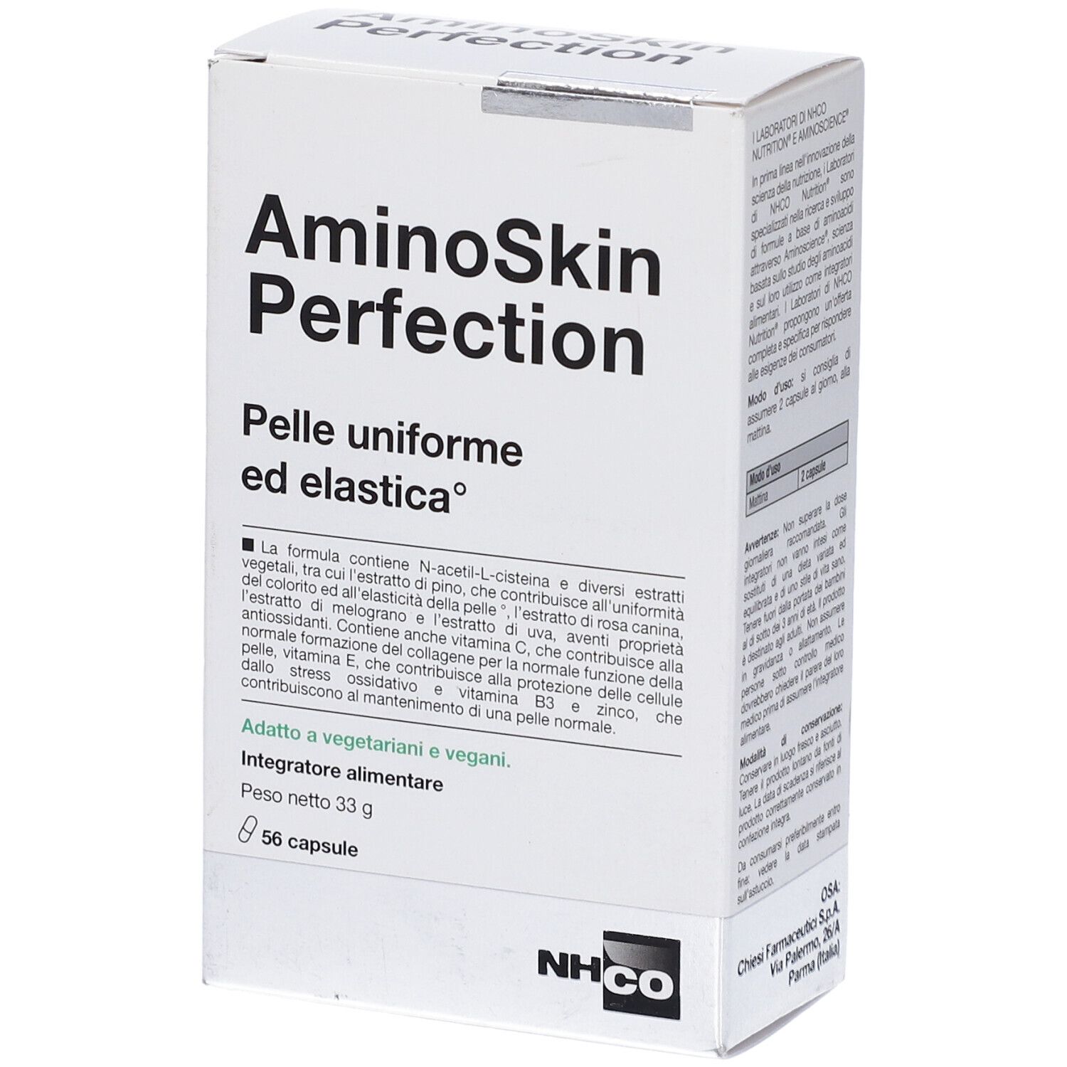 Scatola 'AminoSkin Perfection'. Testo in italiano. Contiene 56 capsule.