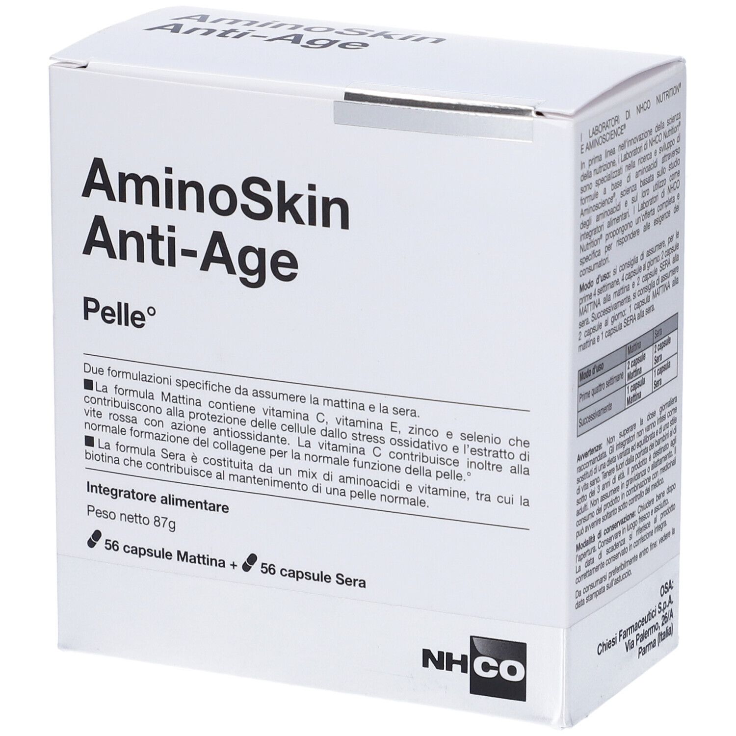 Scatola bianca con "AminoSkin Anti-Age" e "Pelle". Contiene 56 capsule mattina e sera. Marca: NHCO.