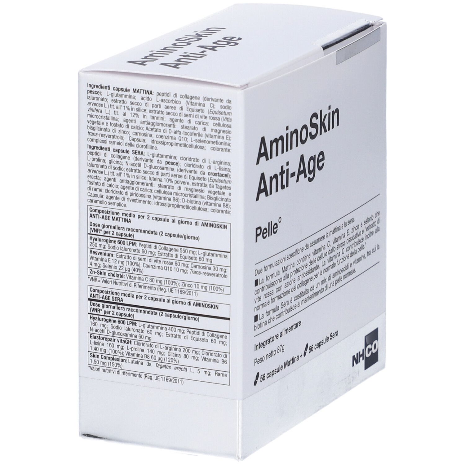 Scatola bianca con "AminoSkin Anti-Age" e "Pelle". Contiene 56 capsule mattina e sera. Marca: NHCO.