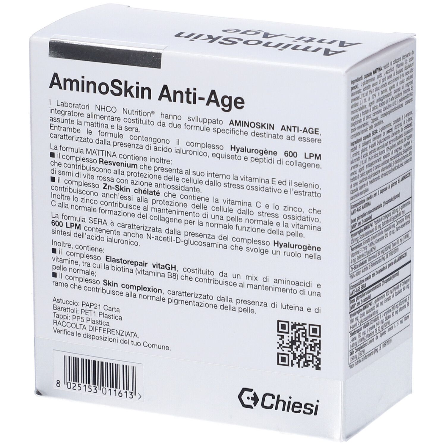 Scatola bianca con "AminoSkin Anti-Age" e "Pelle". Contiene 56 capsule mattina e sera. Marca: NHCO.