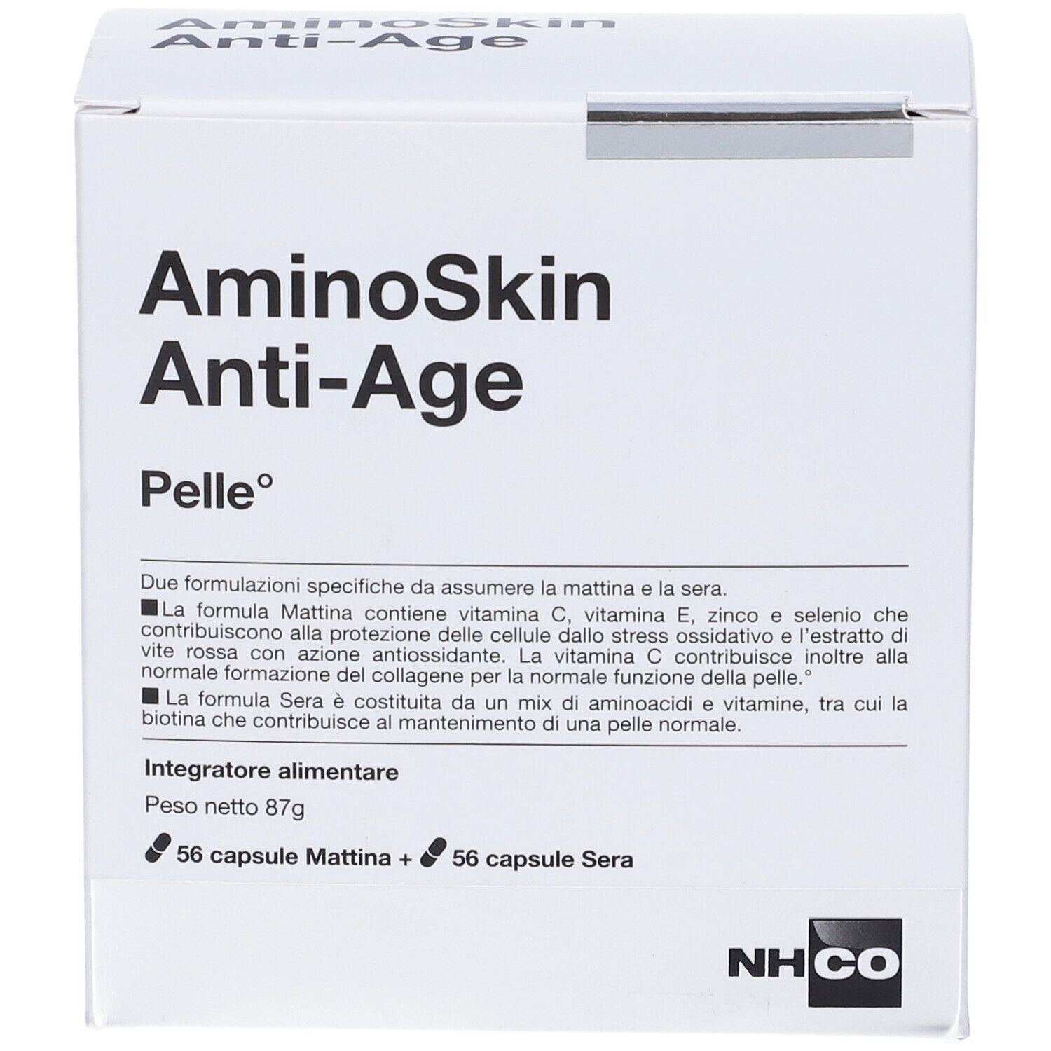 Scatola bianca con "AminoSkin Anti-Age" e "Pelle". Contiene 56 capsule mattina e sera. Marca: NHCO.