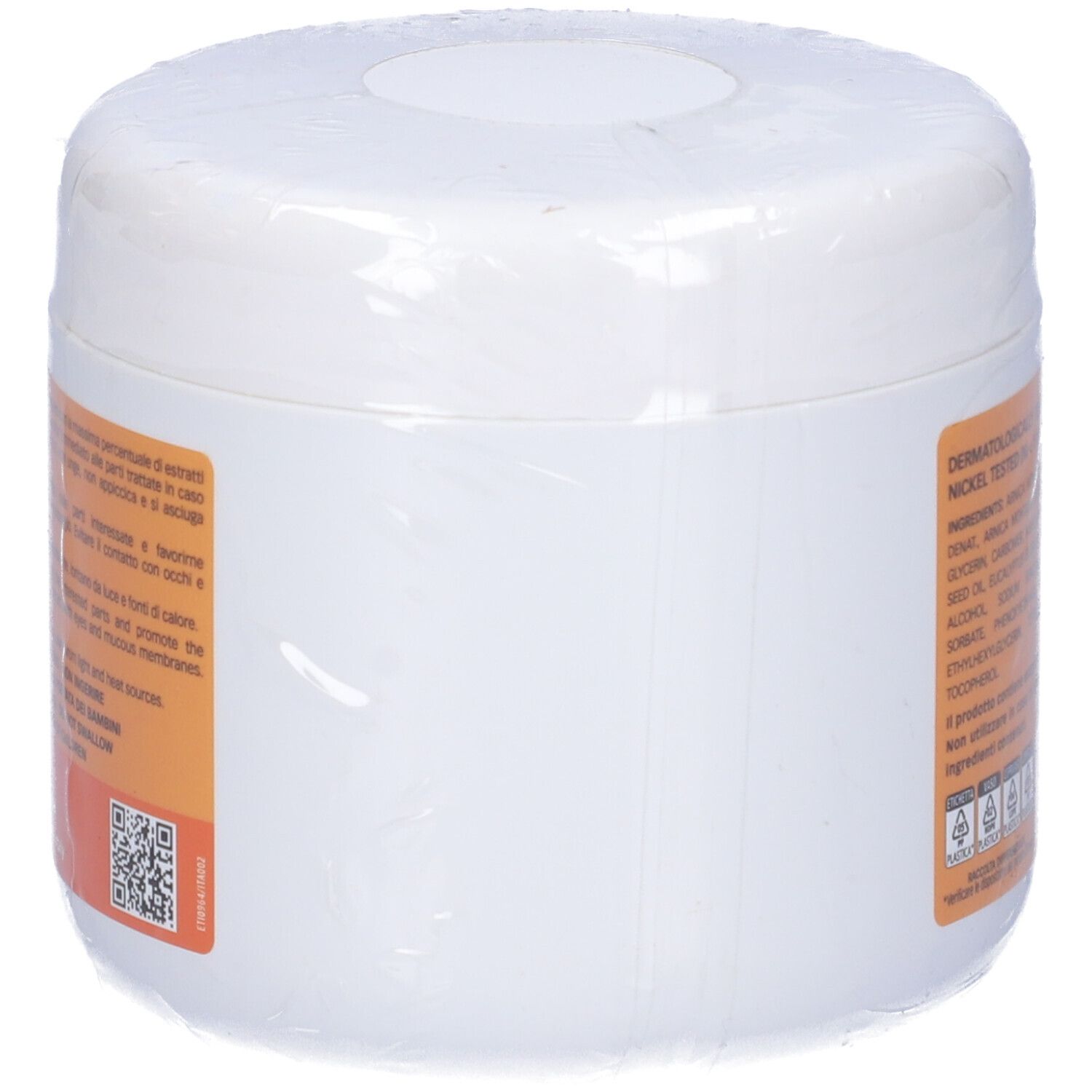 Vaso bianco con etichetta arancione. Informazioni e ingredienti stampati. Il vaso è sigillato.
