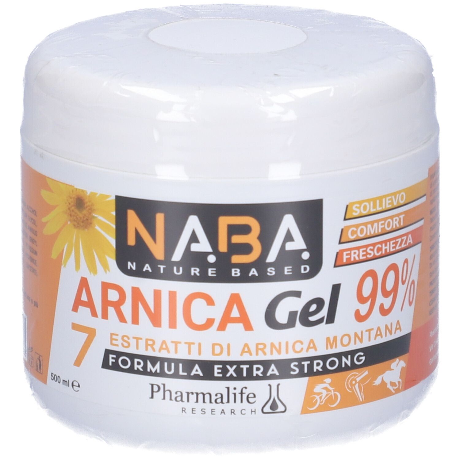 Vaso bianco con scritta NABA Arnica Gel 99%. Etichette arancioni con informazioni e logo. 500 ml.