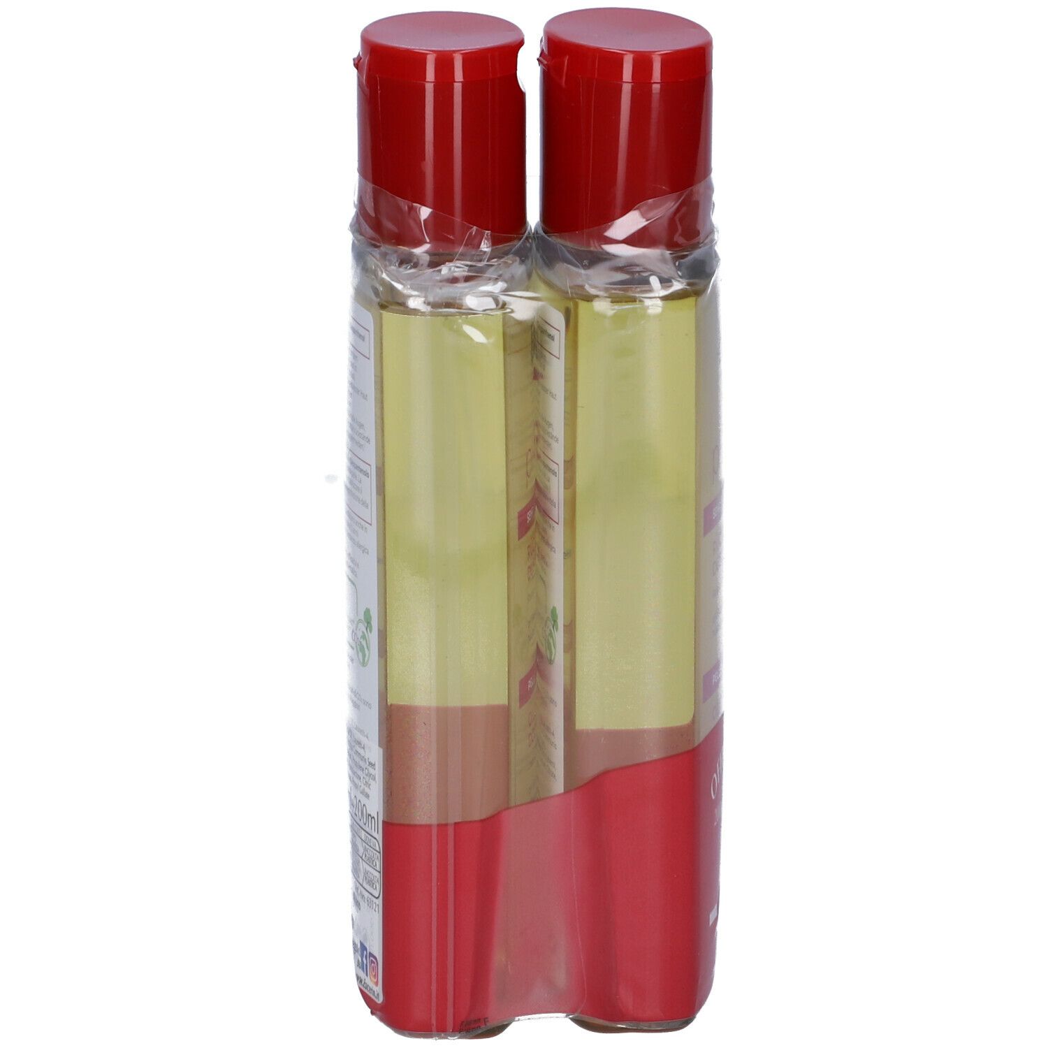 Due flaconi di olio doccia Eucerin pH5, vista laterale. Tappi rossi, confezione trasparente. Adesivo rosso con informazioni.