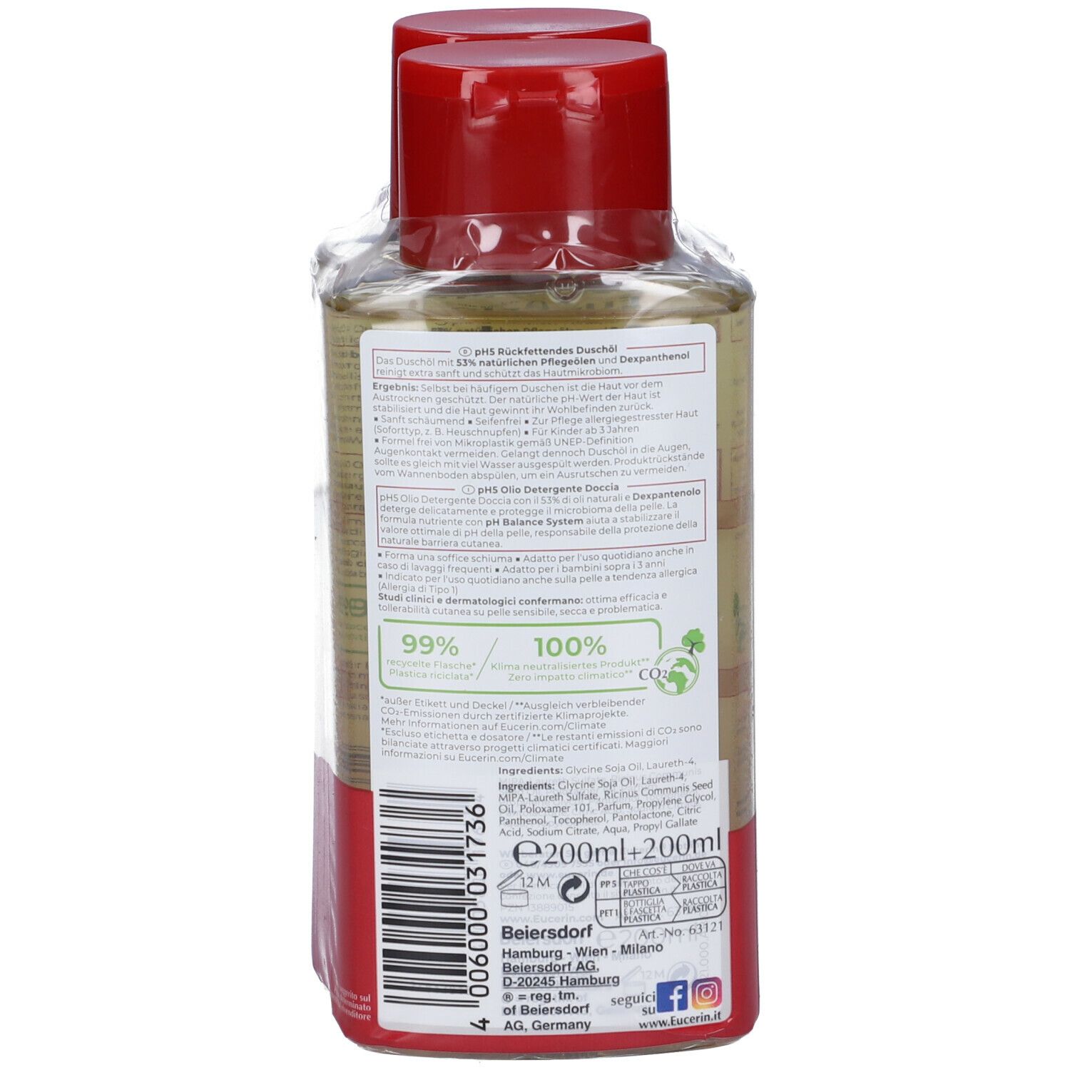 Retro dei due flaconi di olio doccia Eucerin pH5. Informazioni testuali, ingredienti, produttore. Loghi verdi e bianchi.