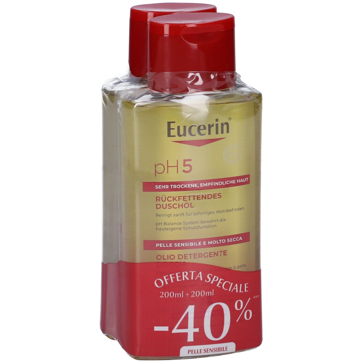 Due flaconi di olio doccia Eucerin pH5, confezionati. Tappi rossi, olio dorato. Scritta: pH5, Olio detergente, Offerta -40%.