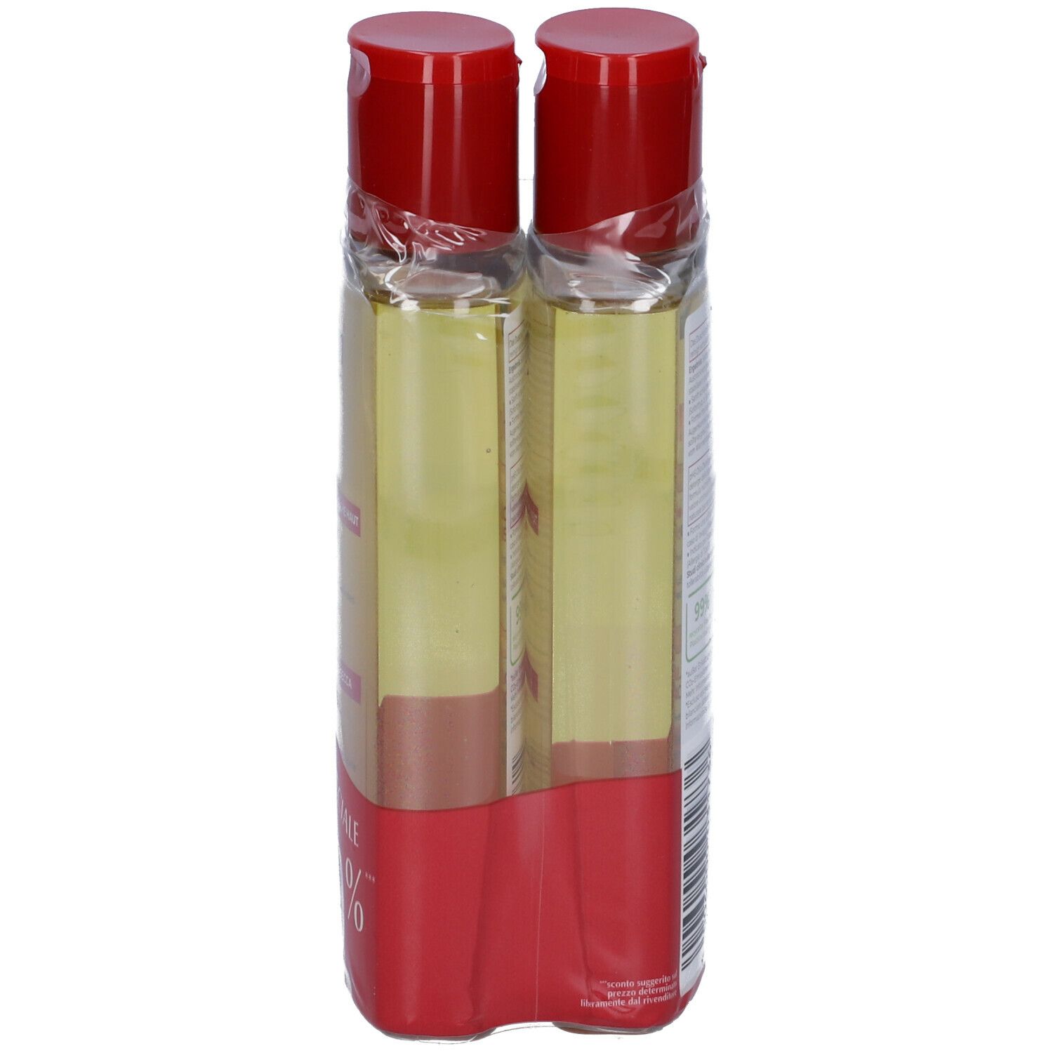 Due flaconi di olio doccia Eucerin pH5, vista laterale. Tappi rossi, confezione trasparente. Adesivo rosso con informazioni.