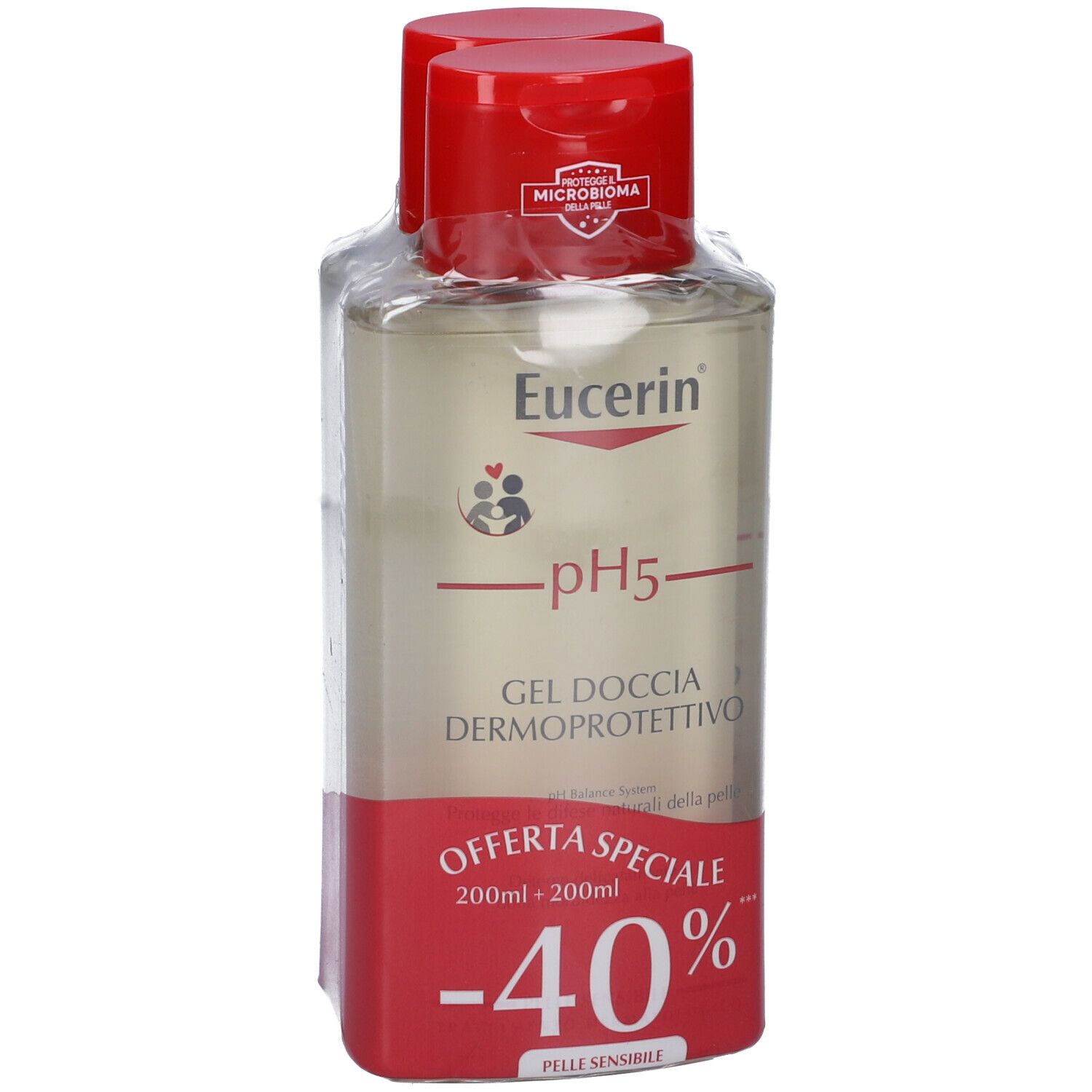 Due flaconi Eucerin pH5 Gel Doccia Dermoprotettivo, confezionati in pellicola. Tappo rosso, offerta -40%.