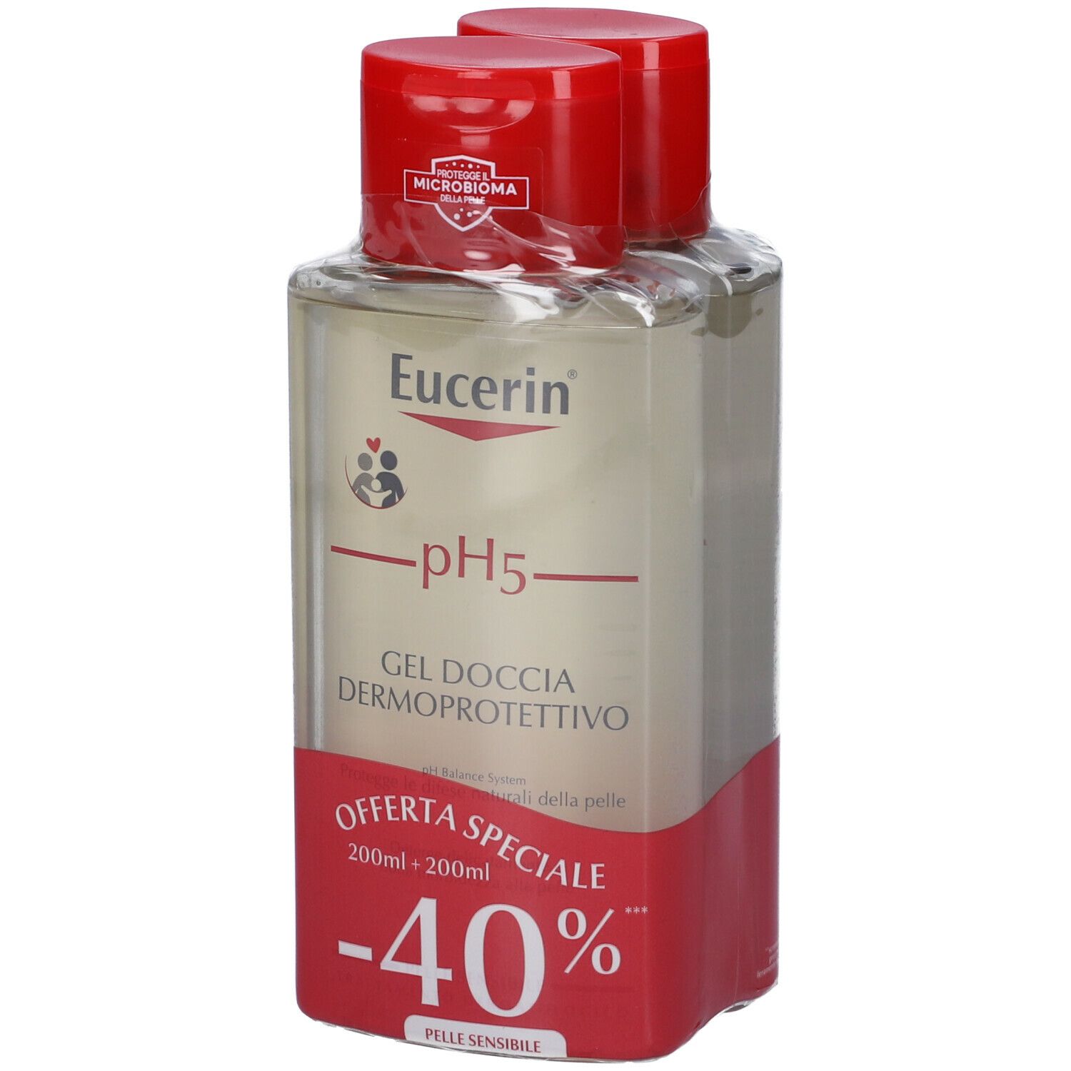 Due flaconi Eucerin pH5 Gel Doccia Dermoprotettivo, confezionati in pellicola. Tappo rosso, offerta -40%.