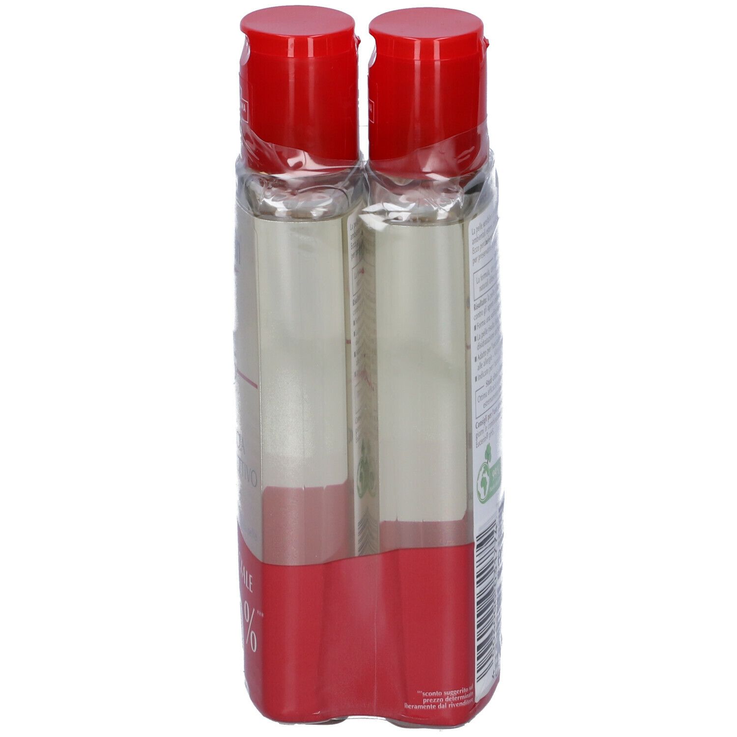 Due flaconi di gel doccia con tappo rosso, confezionati in pellicola. Vista laterale, informazioni sul prodotto parzialmente visibili.