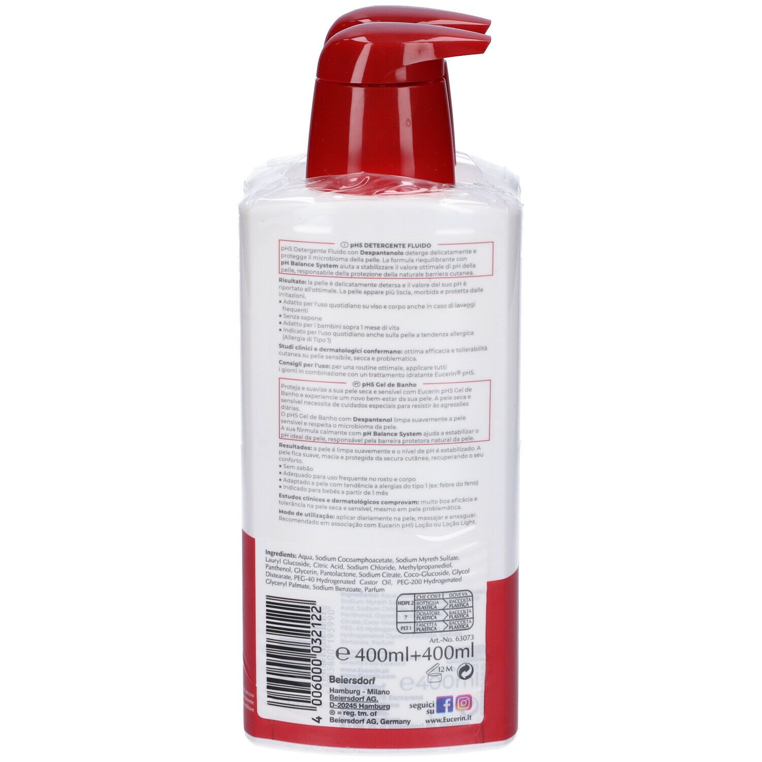 Retro di un flacone con tappo a pompa rosso. Informazioni sul prodotto e ingredienti.