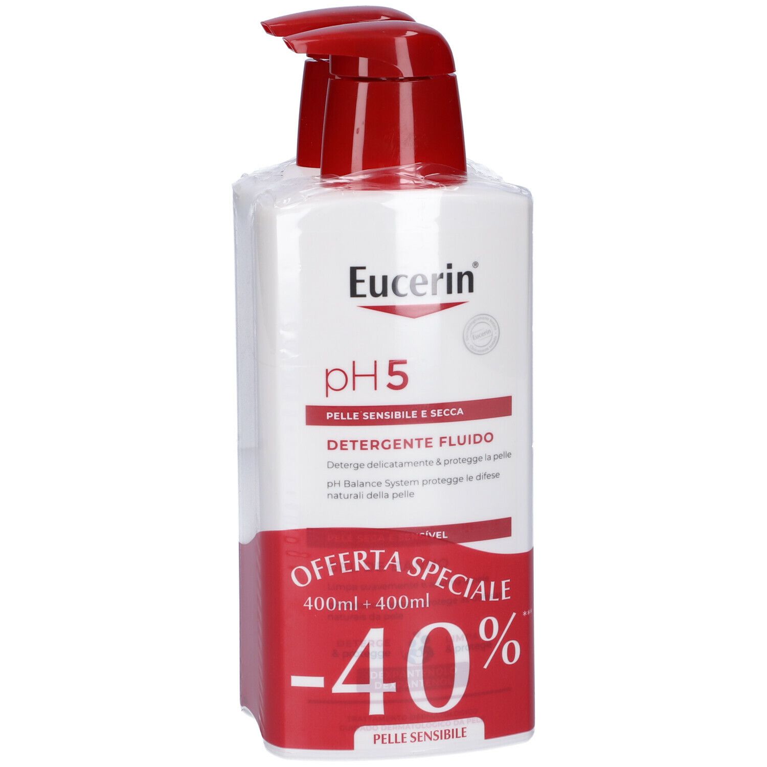 Eucerin pH5, flacone con tappo a pompa rosso. Offerta: 40% di sconto. Per pelli sensibili.