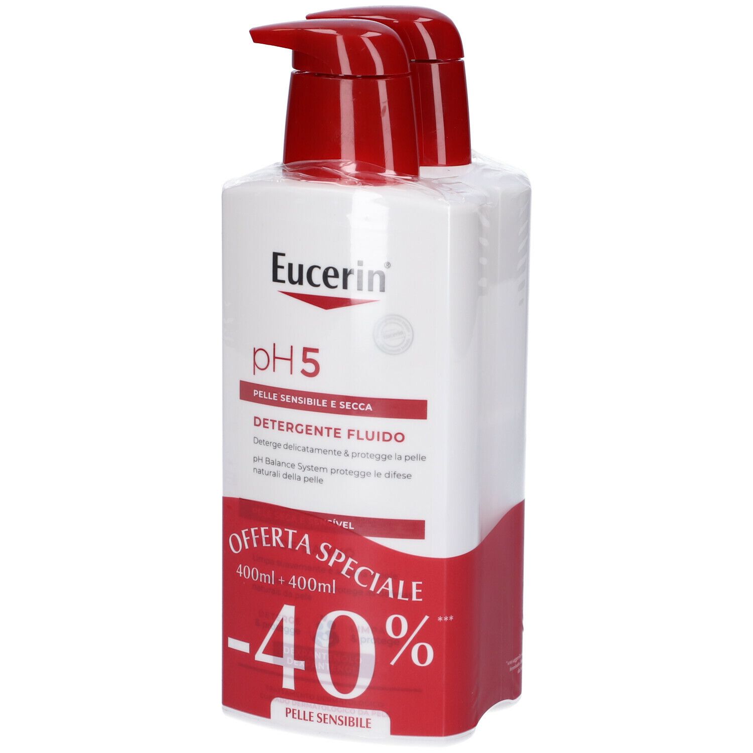Due flaconi Eucerin pH5 con tappo a pompa rosso. Offerta: 40% di sconto. Pelli sensibili.
