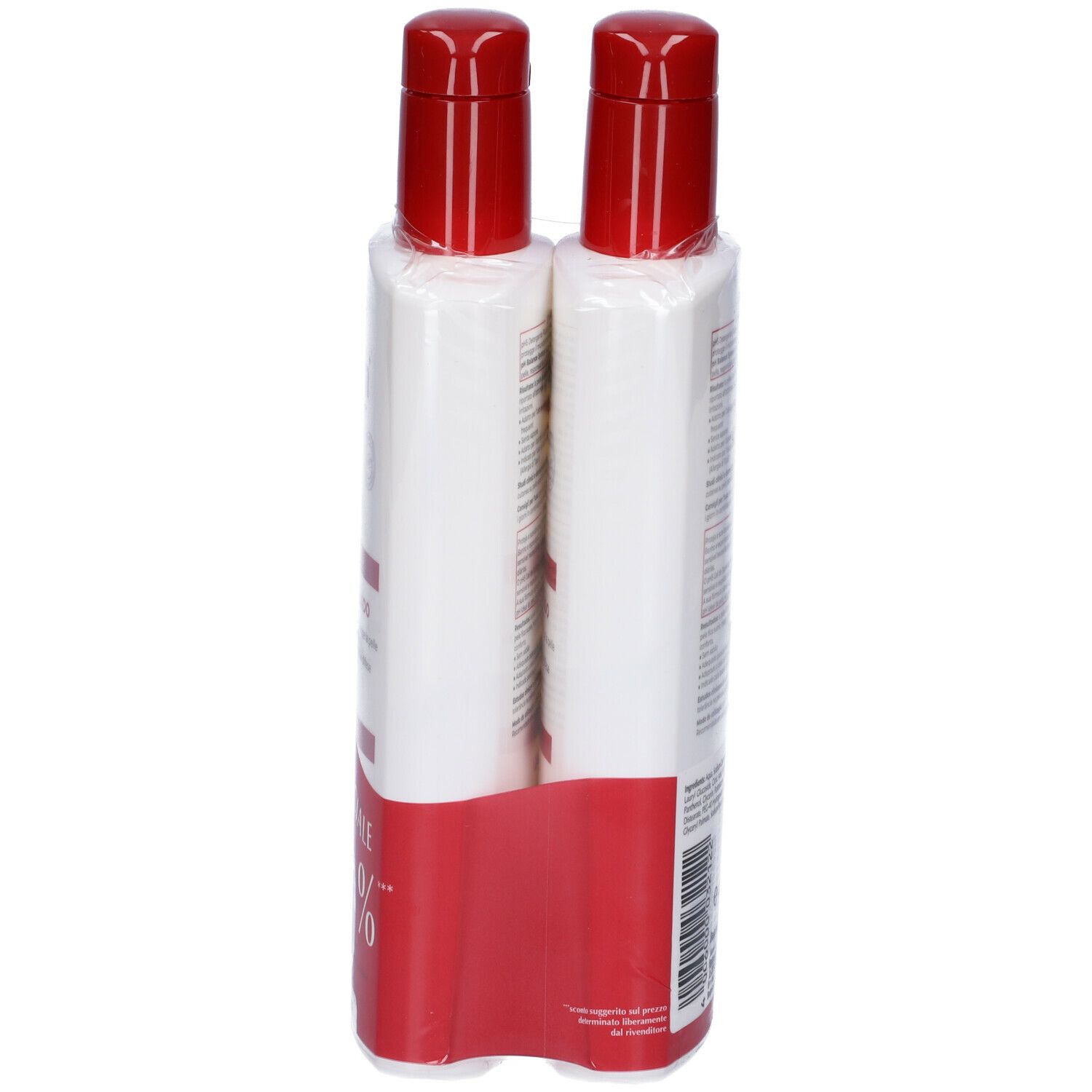 Due flaconi con tappo rosso, in supporto rosso. Confezione con informazioni sul prodotto.
