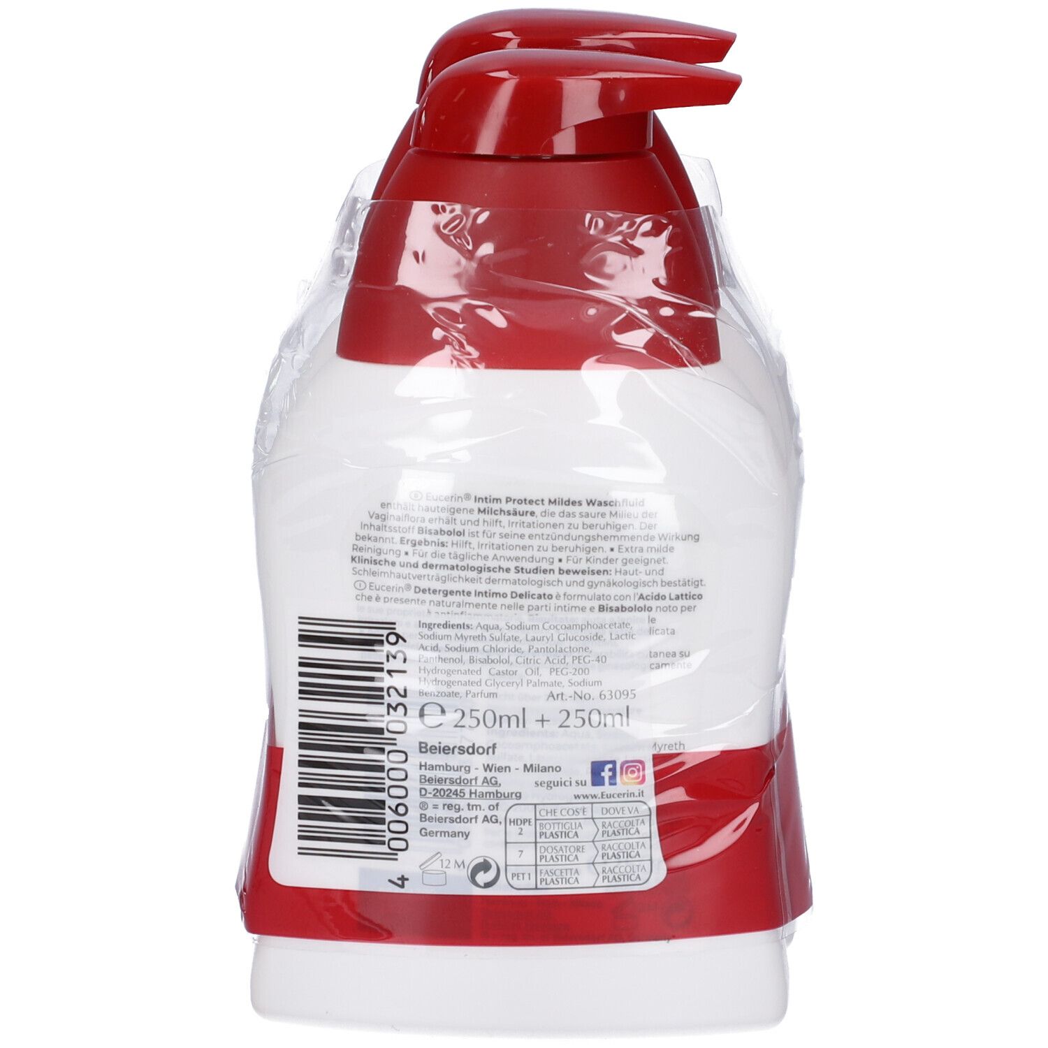 Due flaconi di sapone per le mani con pompa rossa, 250ml ciascuno.