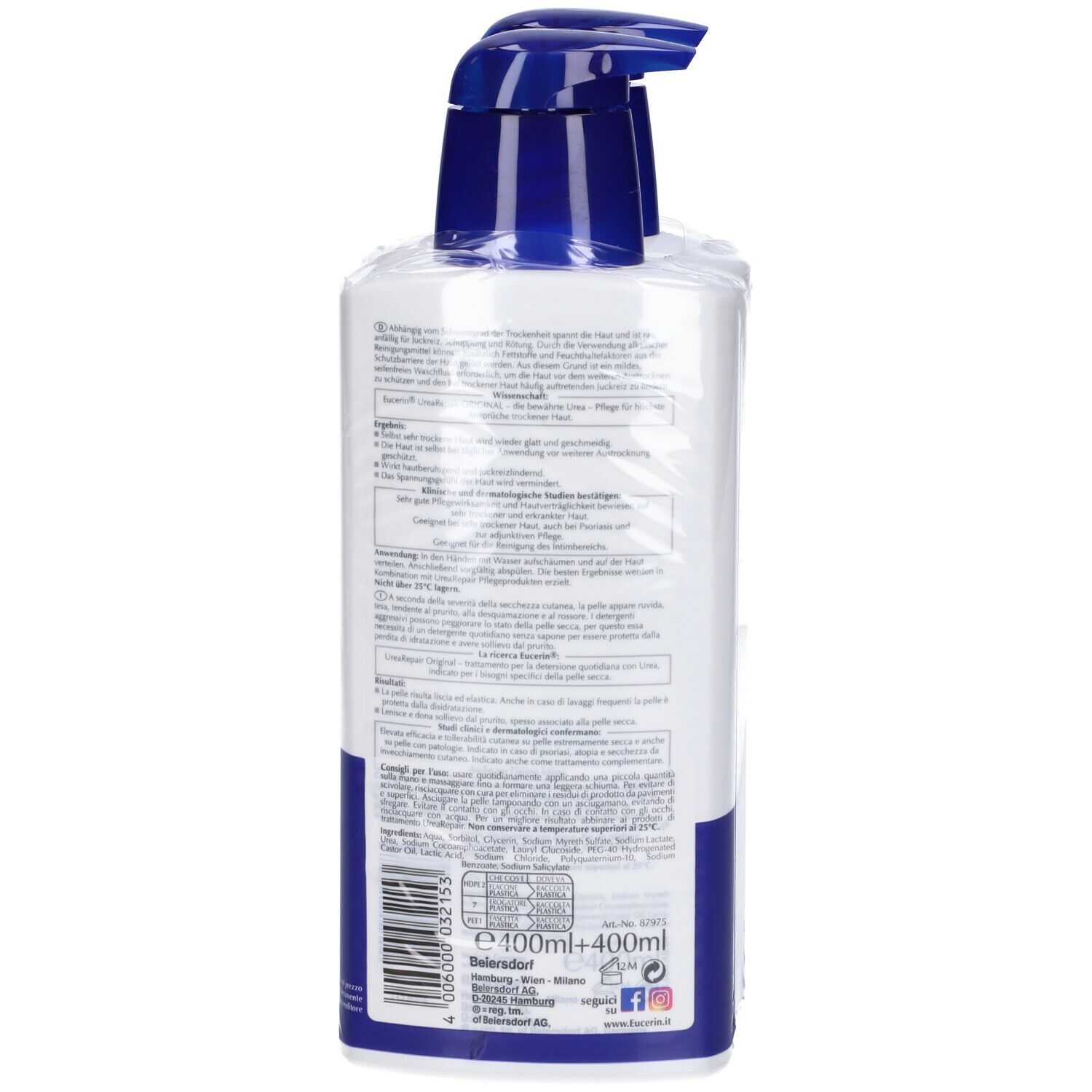 Retro di due flaconi Eucerin UreaRepair Original. Testo multilingue. Informazioni sul prodotto e sul produttore.