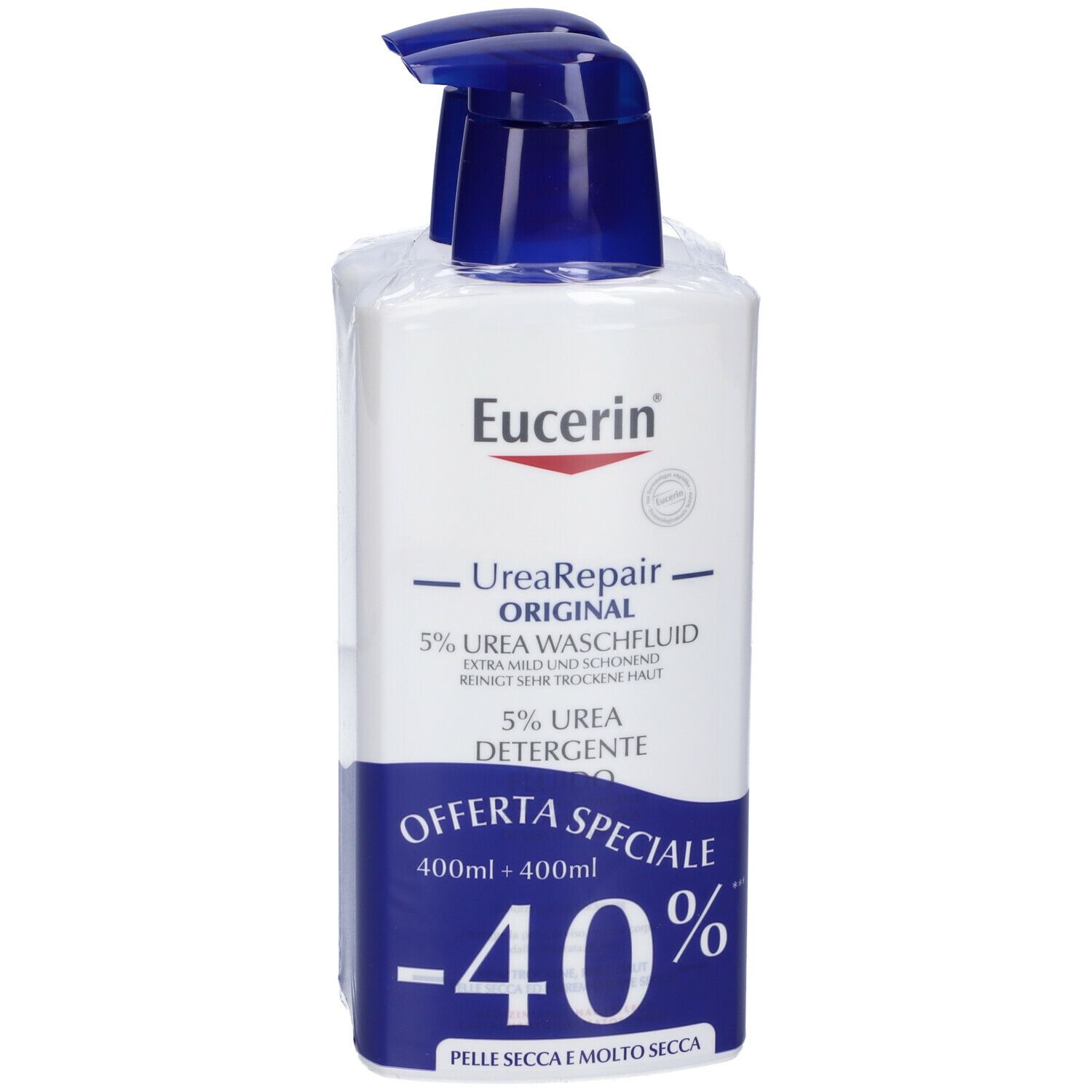Due flaconi di Eucerin UreaRepair Original Detergente Fluido con dispenser. Confezione bianca e blu. Scritta: -40% OFFerta Speciale.