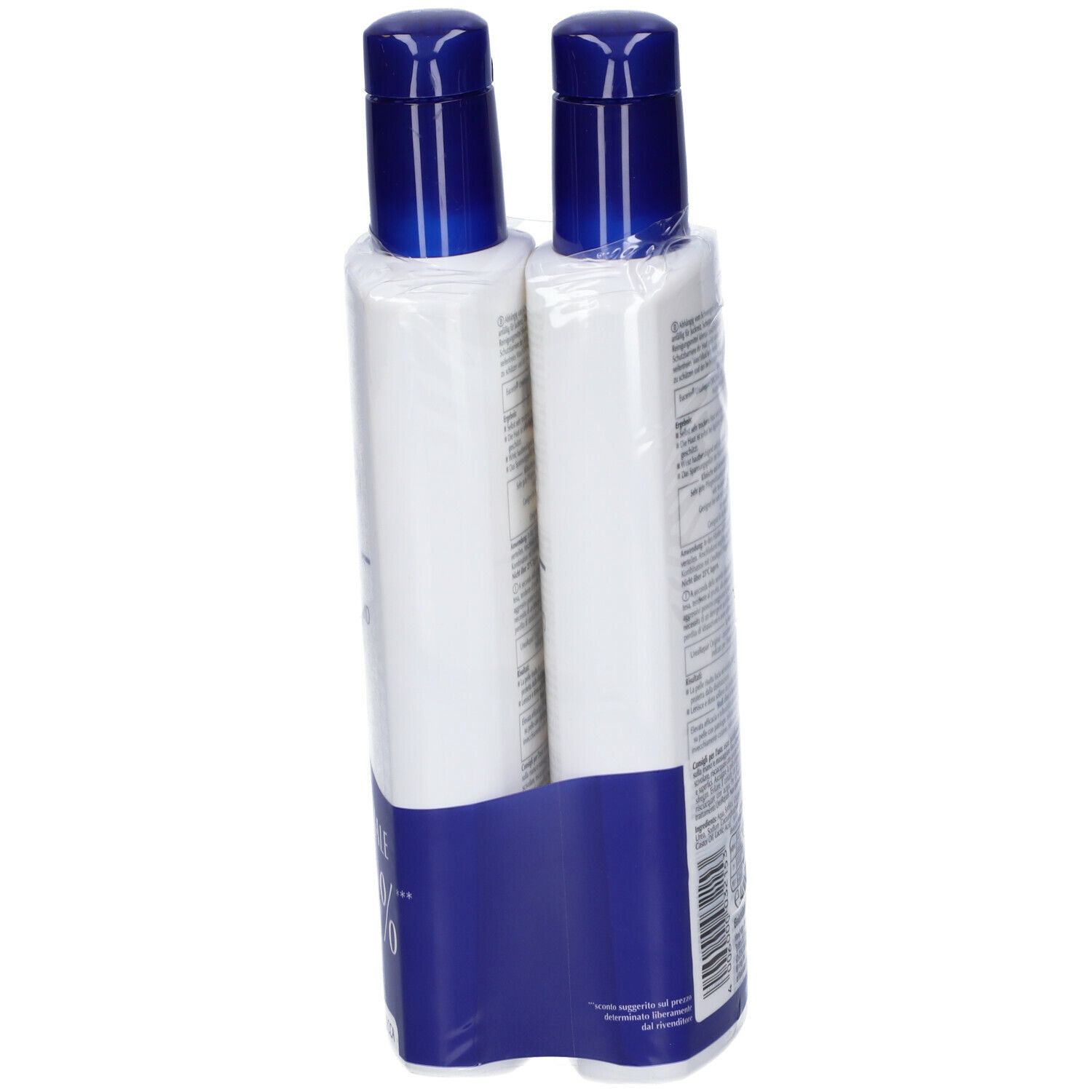 Due flaconi Eucerin UreaRepair Original. Confezione bianca e blu. Dispenser a pompa. Retro con informazioni sul prodotto.