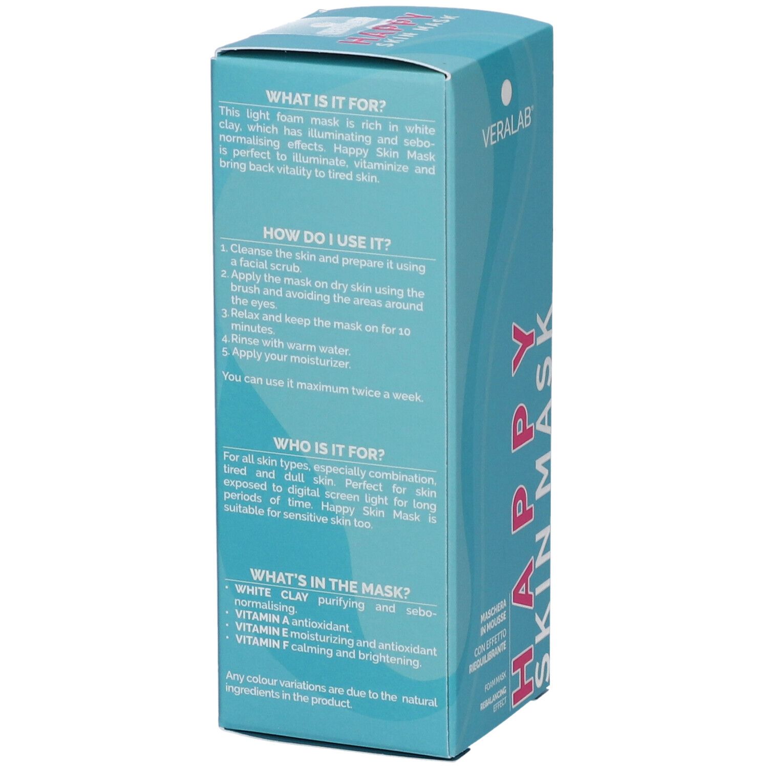 Confezione turchese. Testo: A cosa serve? Come si usa? A chi è indicato? Cosa contiene? Informazioni prodotto.