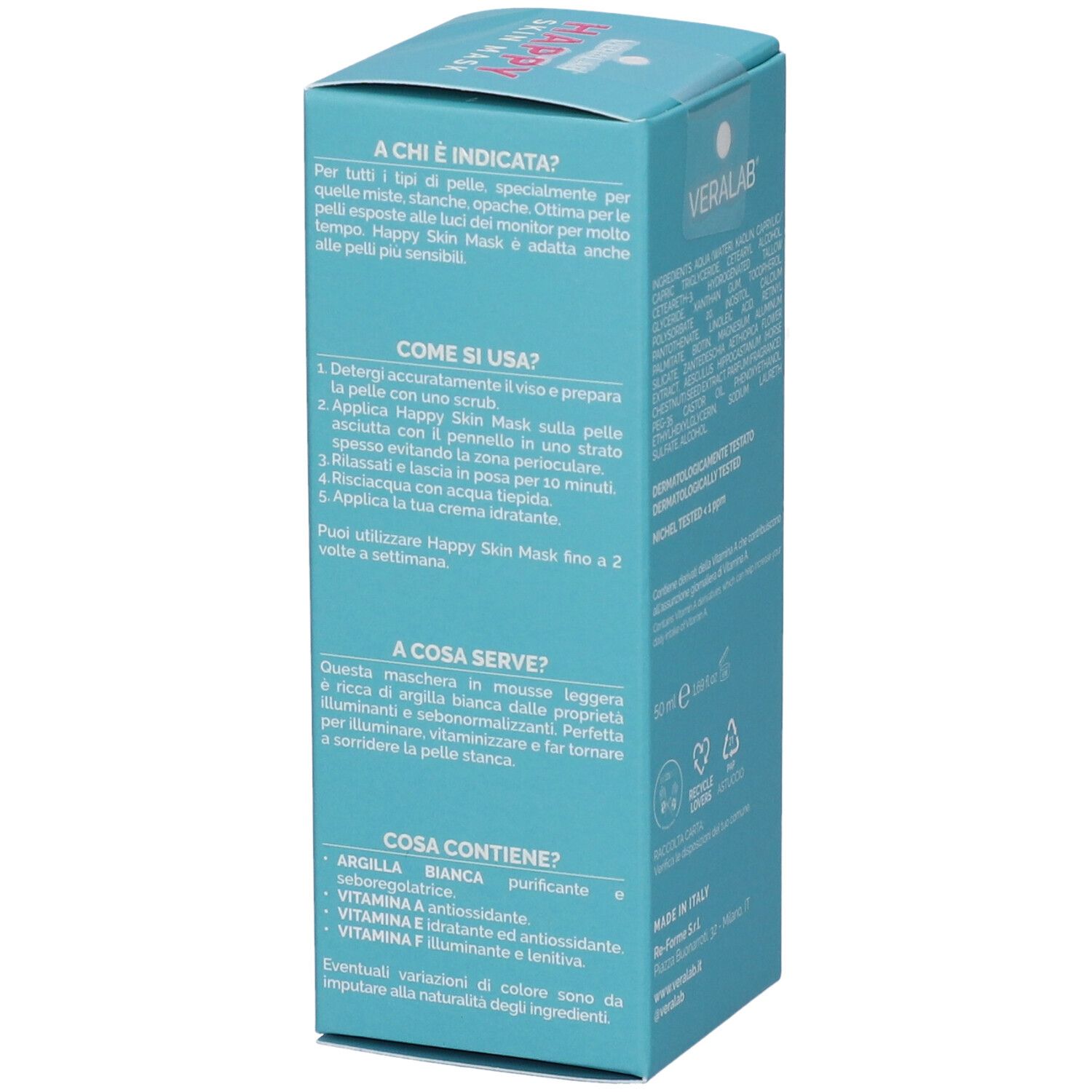 Confezione turchese. Testo: A chi è indicata? Come si usa? A cosa serve? Cosa contiene? Informazioni prodotto.