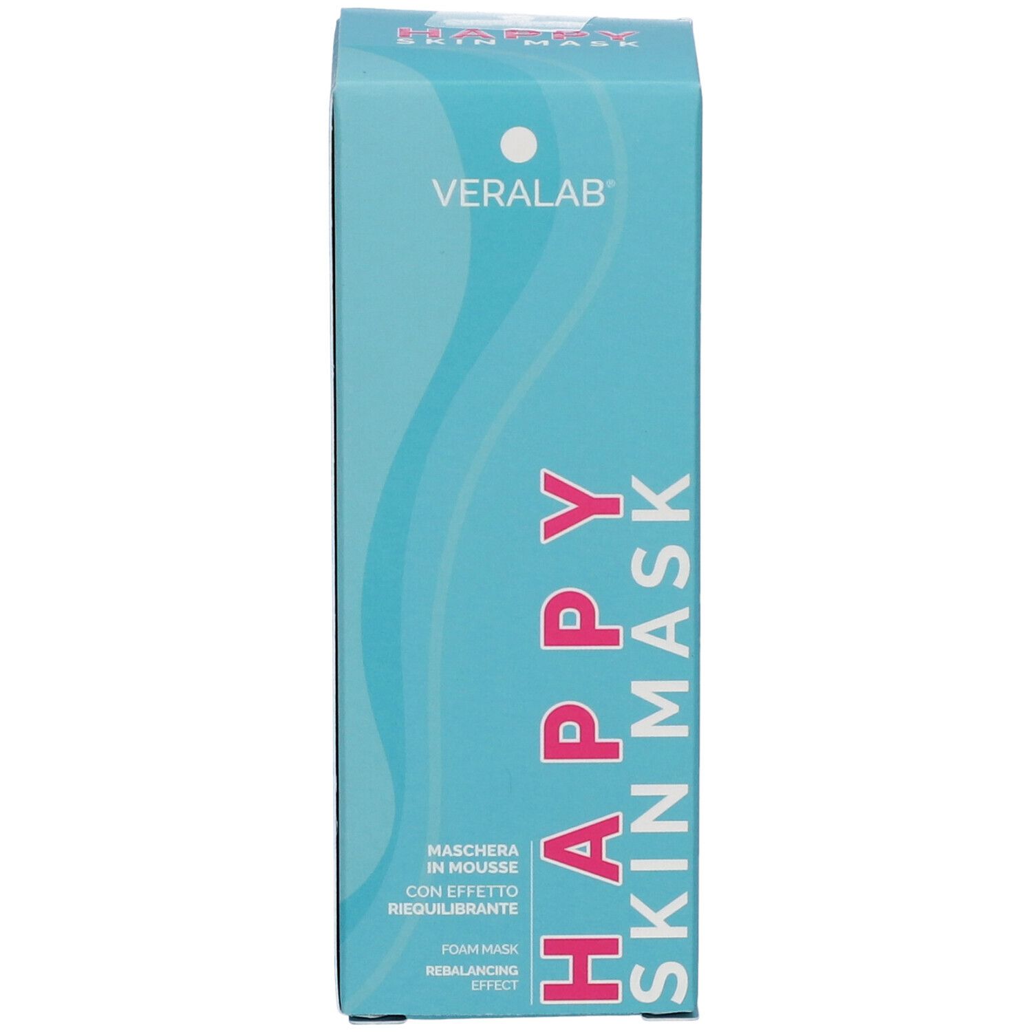 Confezione turchese Happy Skin Mask. Logo Veralab. Testo: Maschera in mousse, effetto riequilibrante. Informazioni.