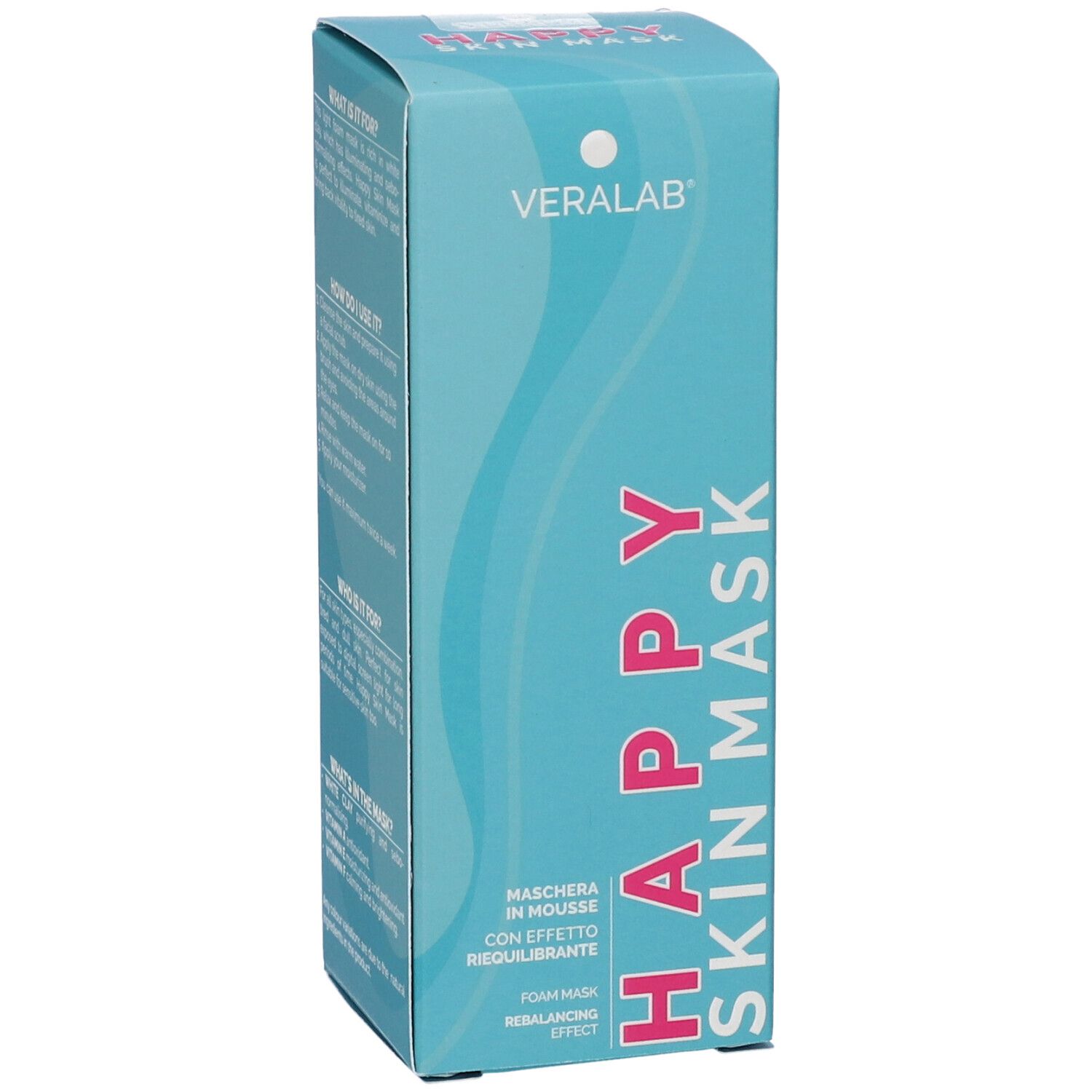 Confezione turchese Happy Skin Mask. Logo Veralab. Testo: Maschera in mousse, effetto riequilibrante. Informazioni.