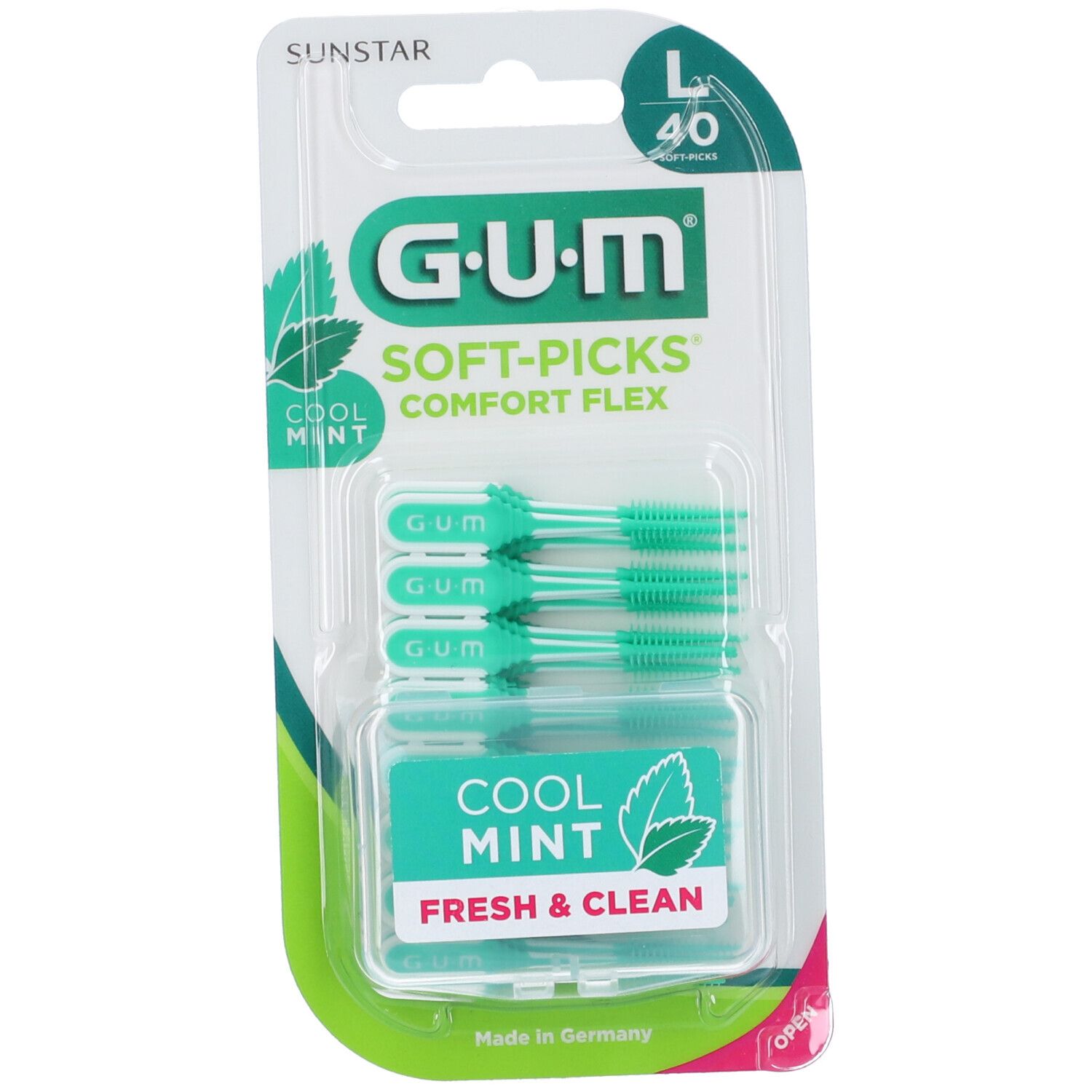 GUM Soft-Picks, Cool Mint, Comfort Flex. Pick verdi in confezione. Scritta: Fresh & Clean. Taglia L, 40 pezzi.