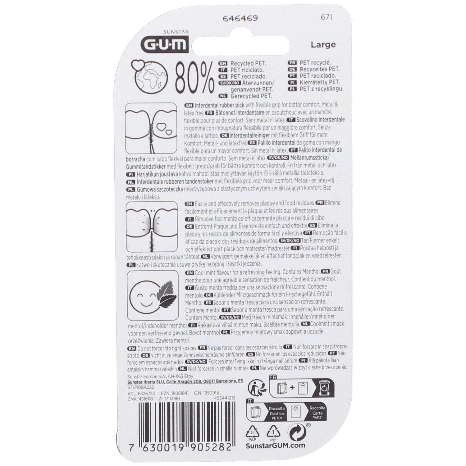 Retro della confezione GUM Soft-Picks. Testo multilingue. 80% materiale riciclato. Illustrazioni e pittogrammi.