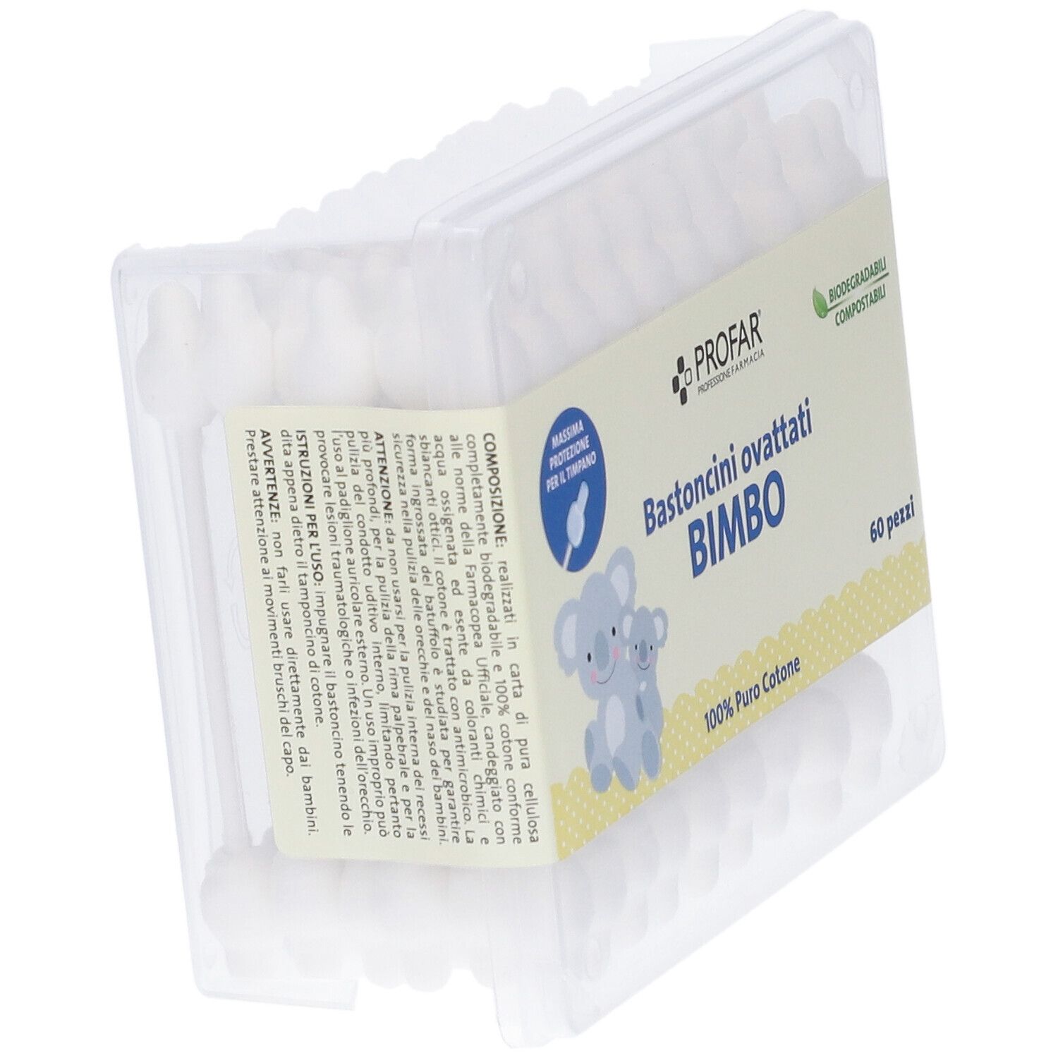 Confezione aperta di bastoncini ovattati Profar per bambini. Scritta: Bastoncini Ovattati Bimbo, 60 pezzi, 100% Puro Cotone. Illustrazione: Koala.