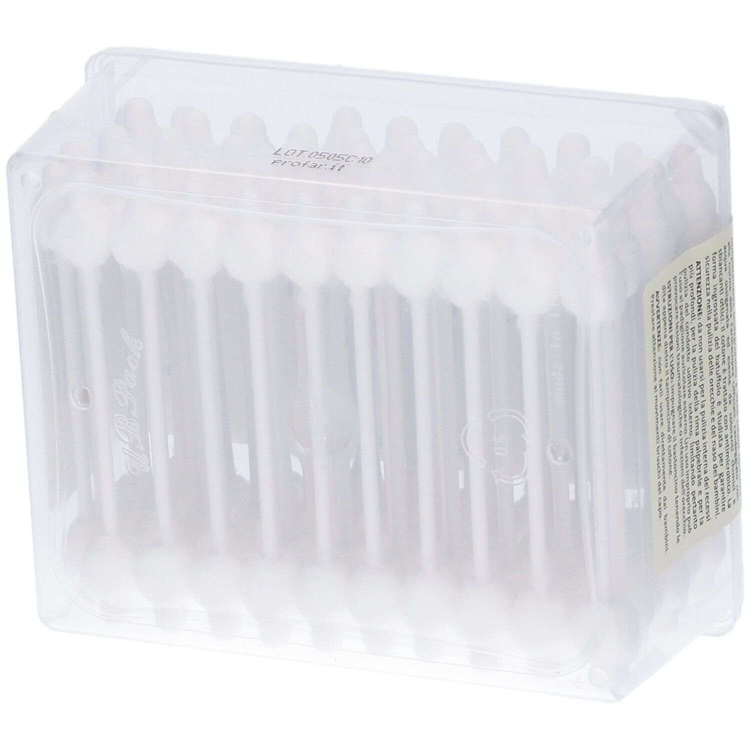 Confezione trasparente con bastoncini ovattati. Etichetta con testo. Nome del prodotto illeggibile. Contenuto visibile.