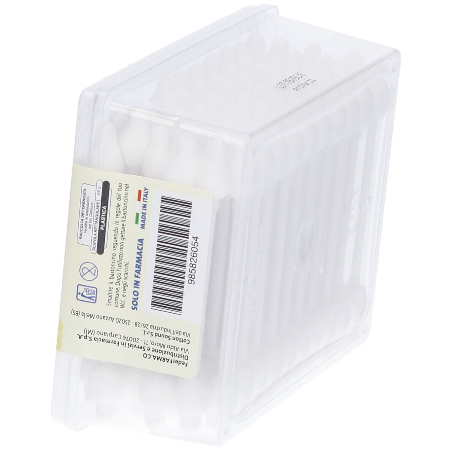 Confezione trasparente inclinata con bastoncini ovattati. Etichetta con testo. Nome del prodotto illeggibile. Contenuto visibile.