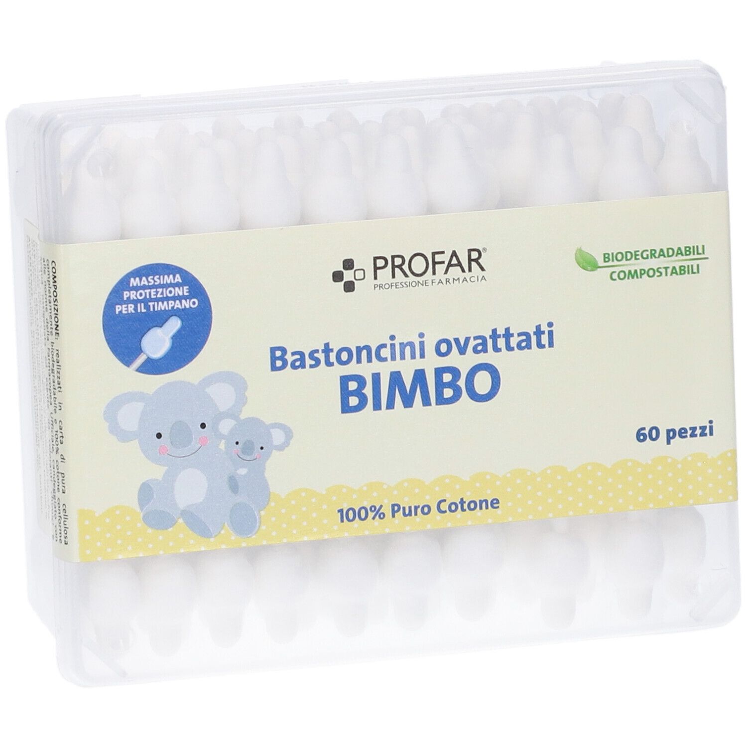 Confezione di bastoncini ovattati Profar per bambini. Scritta: Bastoncini Ovattati Bimbo, 60 pezzi, 100% Puro Cotone. Illustrazione: Koala.