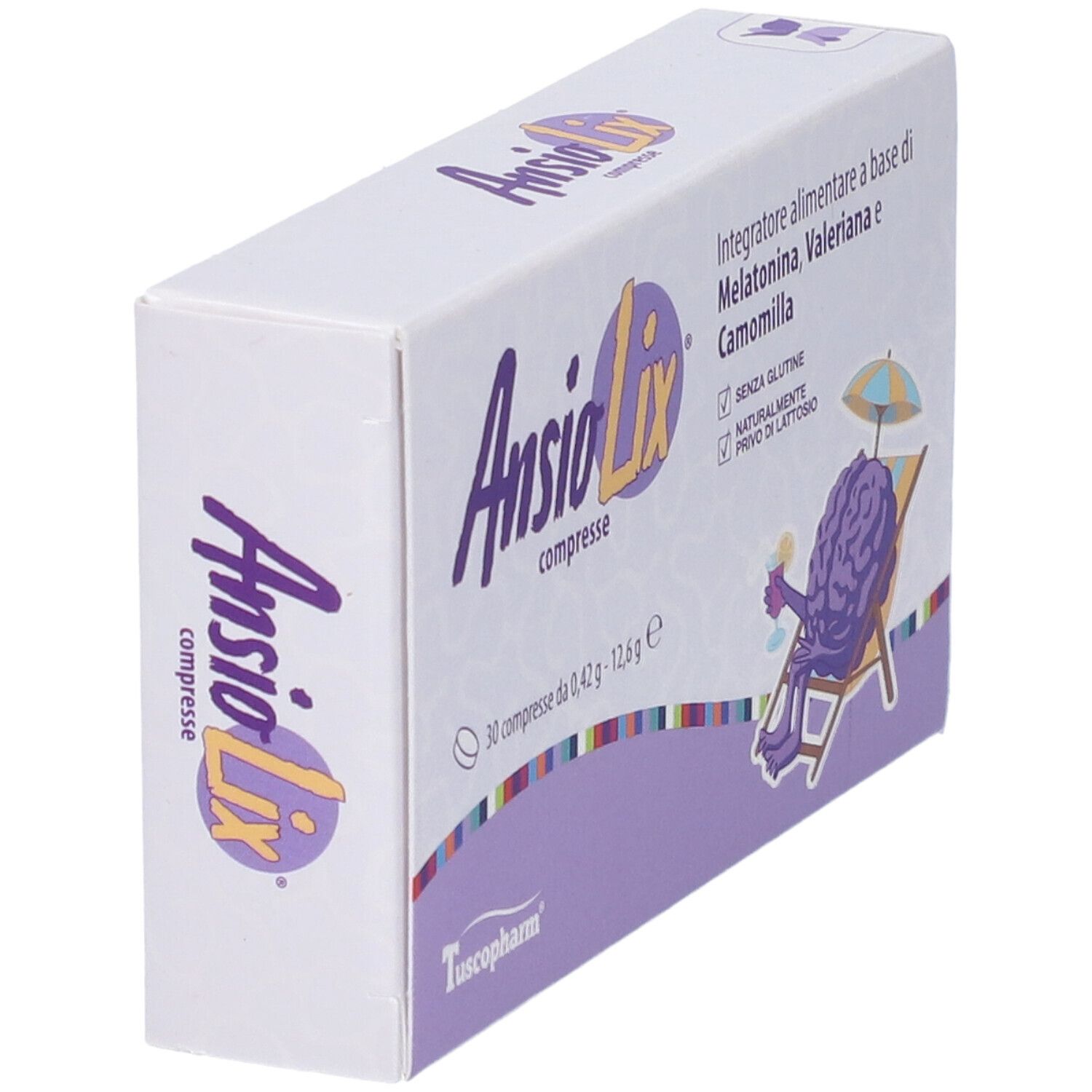 Vista obliqua di una scatola bianca con scritta viola Ansiolix compresse. Contiene 30 compresse. Logo TuscoPharm.