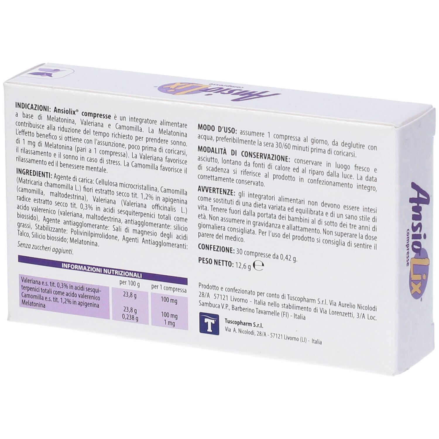 Retro della scatola bianca. Testo in italiano. Contiene informazioni sugli ingredienti e l'uso.