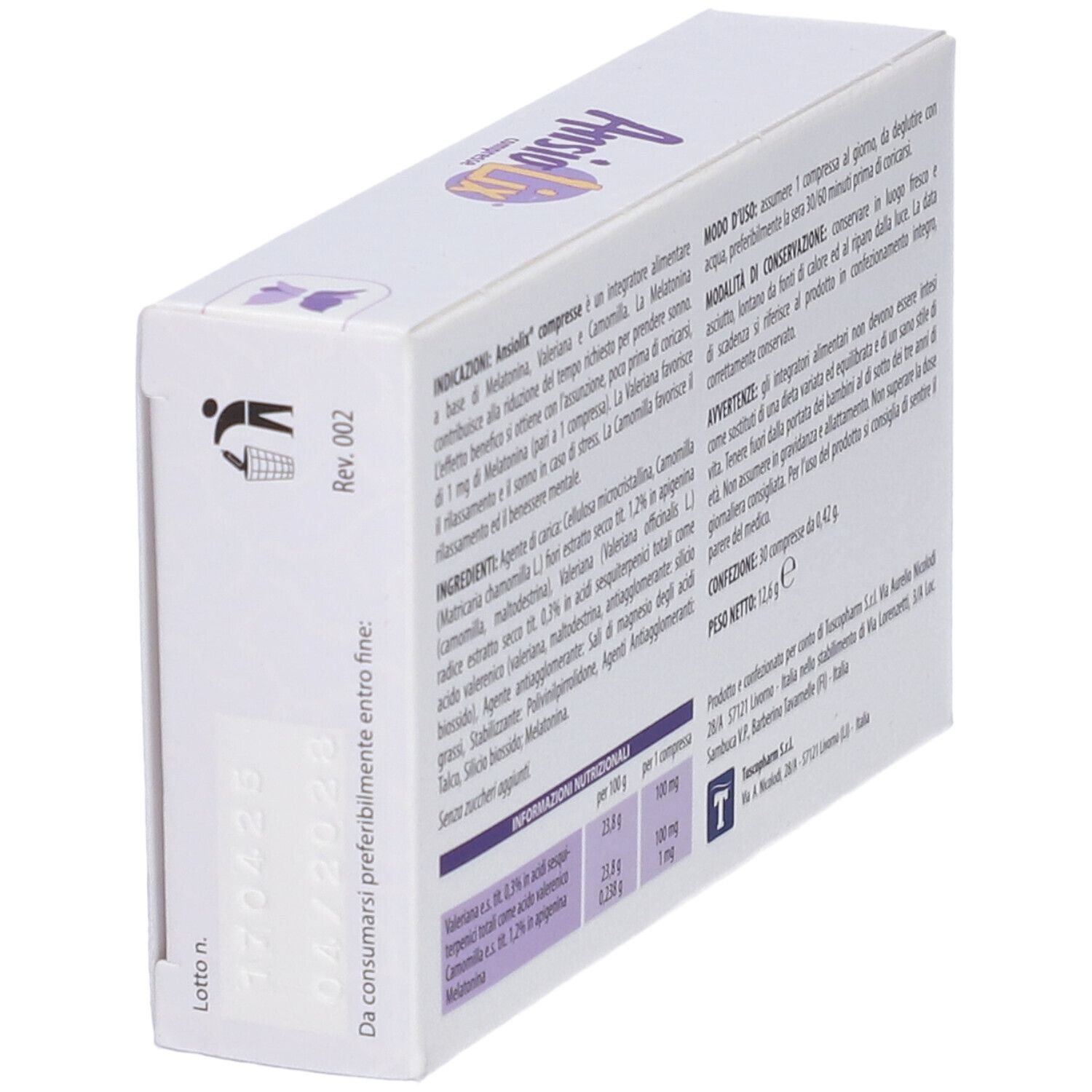 Retro della scatola con testo in italiano. Informazioni su ingredienti e uso. Data di scadenza.