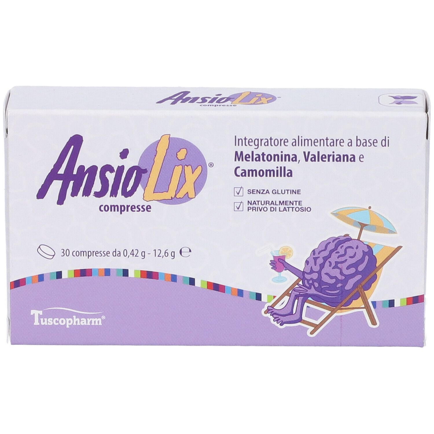 Scatola bianca con scritta viola Ansiolix compresse. Contiene 30 compresse. Testo: Integratore alimentare a base di Melatonina, Valeriana e Camomilla.