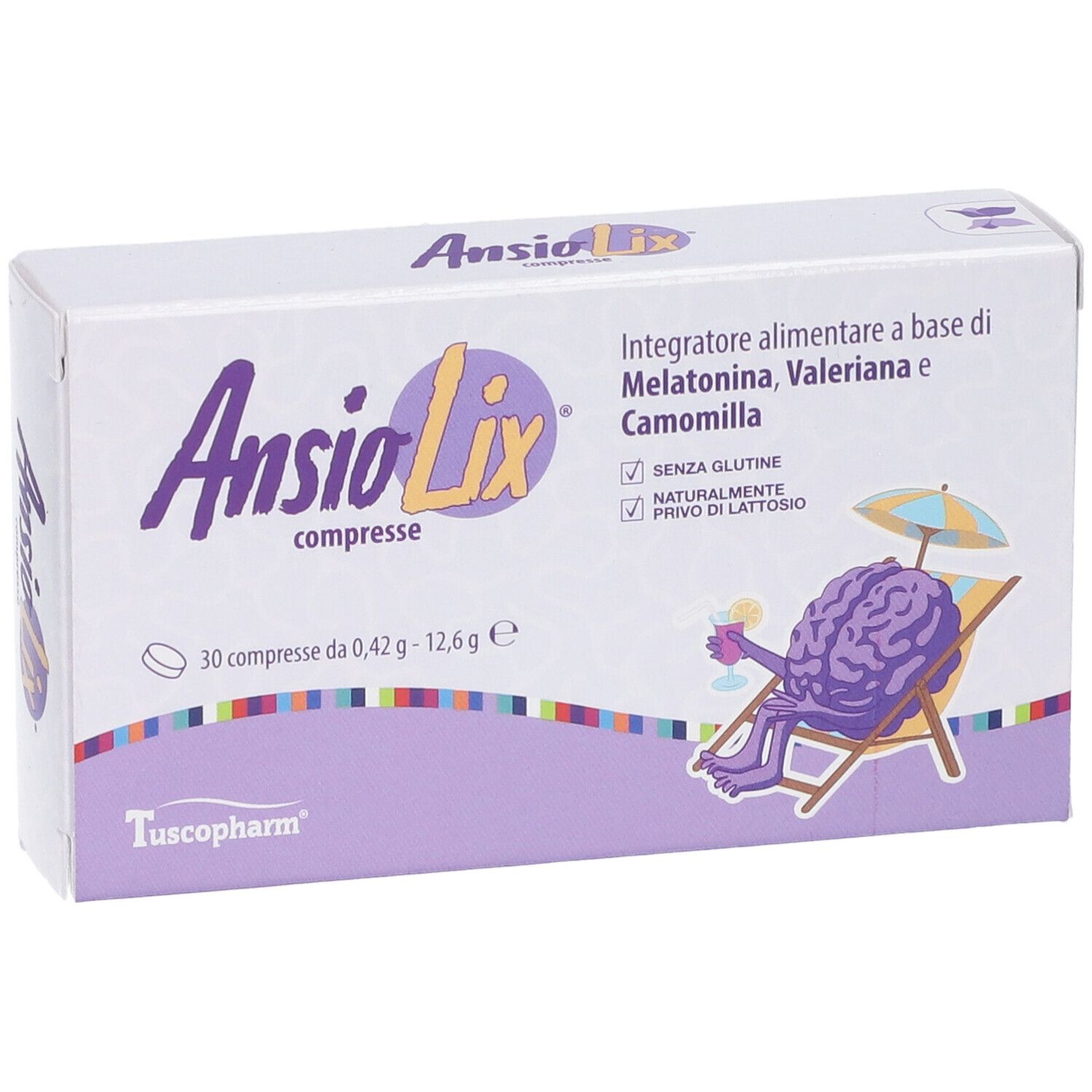 Scatola bianca con scritta viola Ansiolix compresse. Contiene 30 compresse. Testo: Integratore alimentare a base di Melatonina, Valeriana e Camomilla.