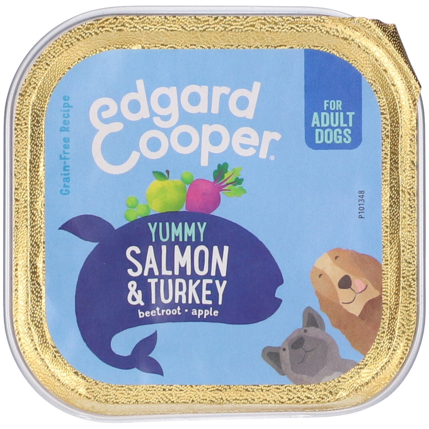 Scatola di cibo per cani con etichetta. Testo: Edgard Cooper, Salmone & Tacchino, per cani adulti. Illustrazione: pesce, verdure, cani.