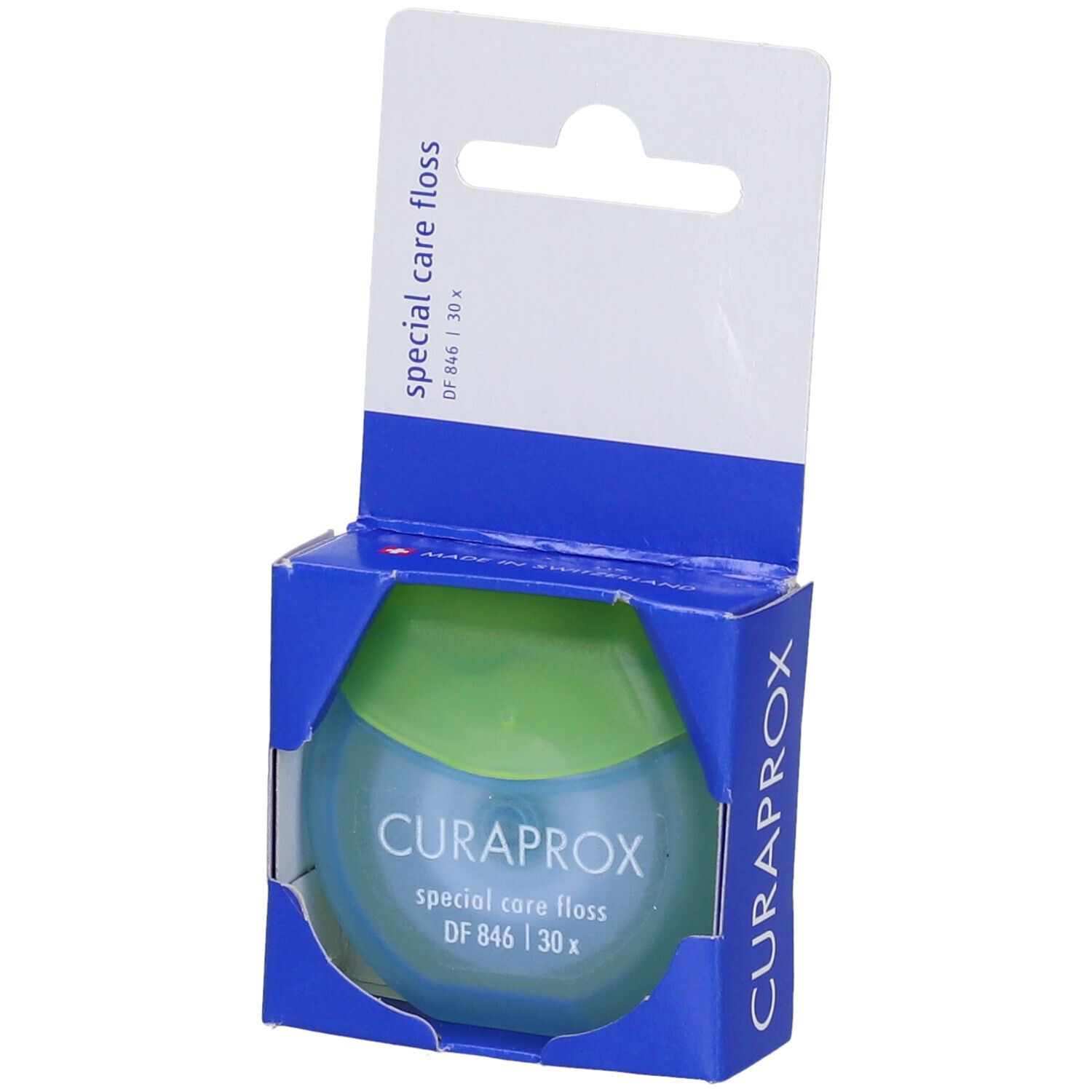 Filo interdentale in confezione blu. Marchio CURAPROX, nome prodotto DF 846 Special Care Floss. 30 fili.