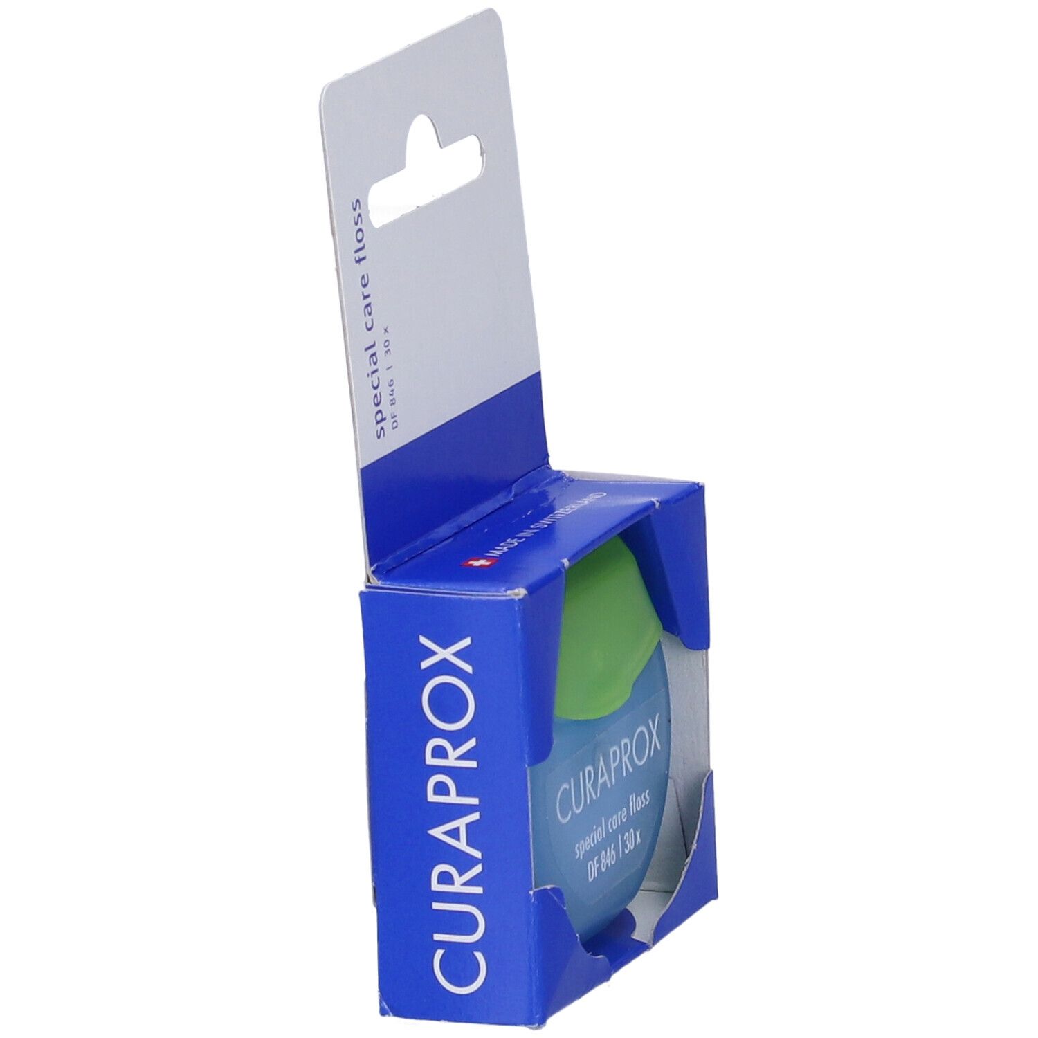 Filo interdentale in confezione blu. Marchio CURAPROX, nome prodotto DF 846 Special Care Floss. 30 fili.
