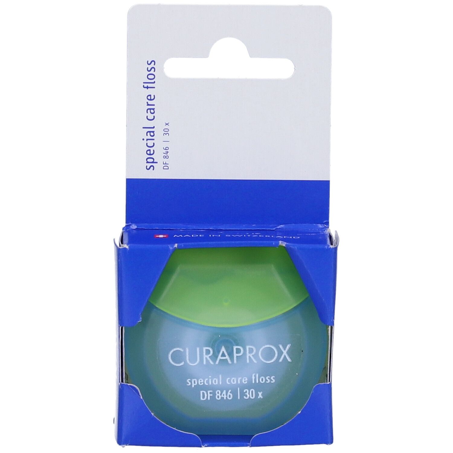 Filo interdentale in confezione blu. Marchio CURAPROX, nome prodotto DF 846 Special Care Floss. 30 fili.