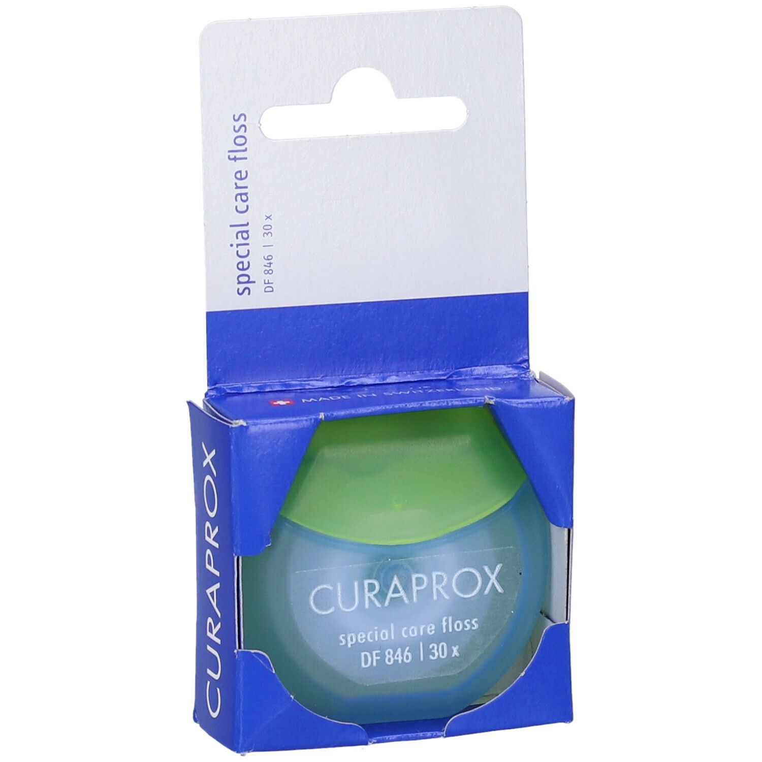 Filo interdentale in confezione blu. Marchio CURAPROX, nome prodotto DF 846 Special Care Floss. 30 fili.
