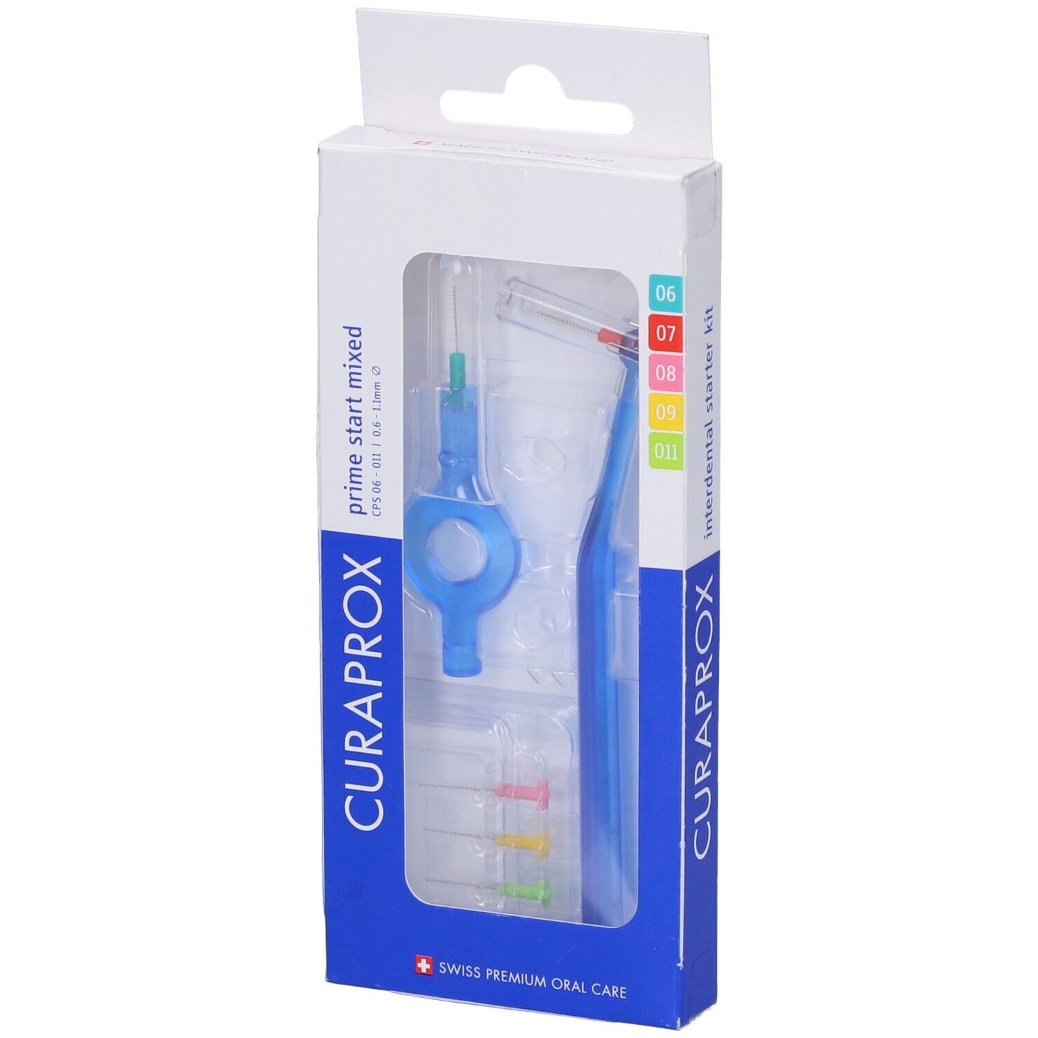 Kit di pulizia interdentale in confezione. Include supporti blu, spazzole colorate e cappucci. Marchio: Curaprox.